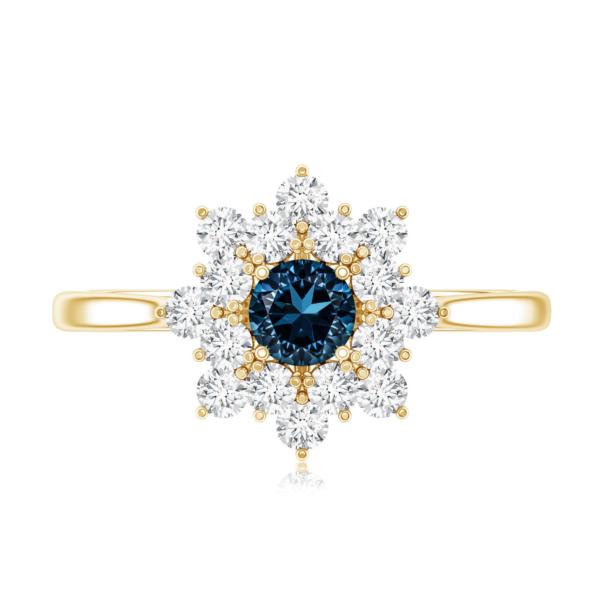 Genuine Round Cut London Blue Topaz Flower Engagement Ring with Diamonds