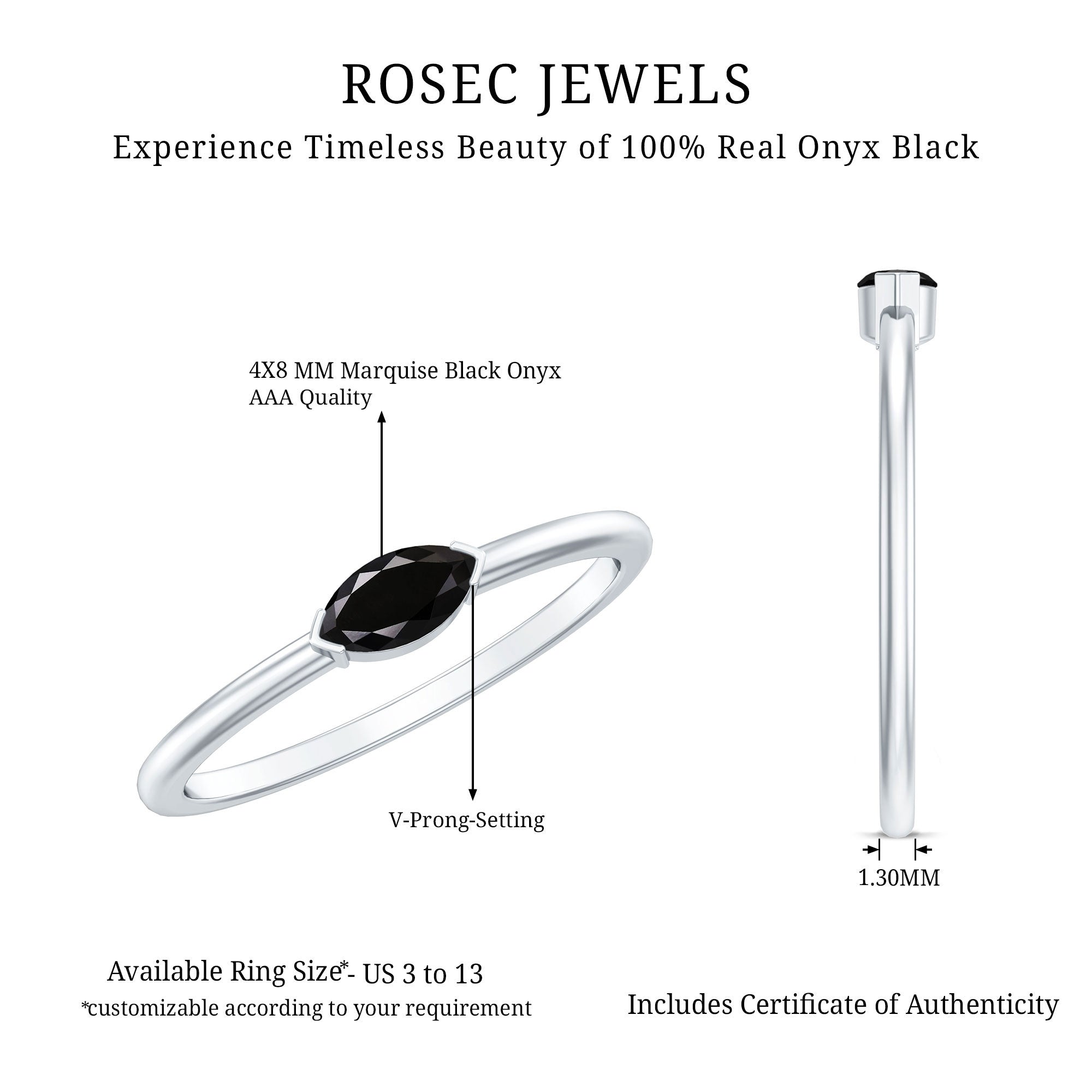 Marquise Shaped Black Onyx Solitaire Promise Ring for Her