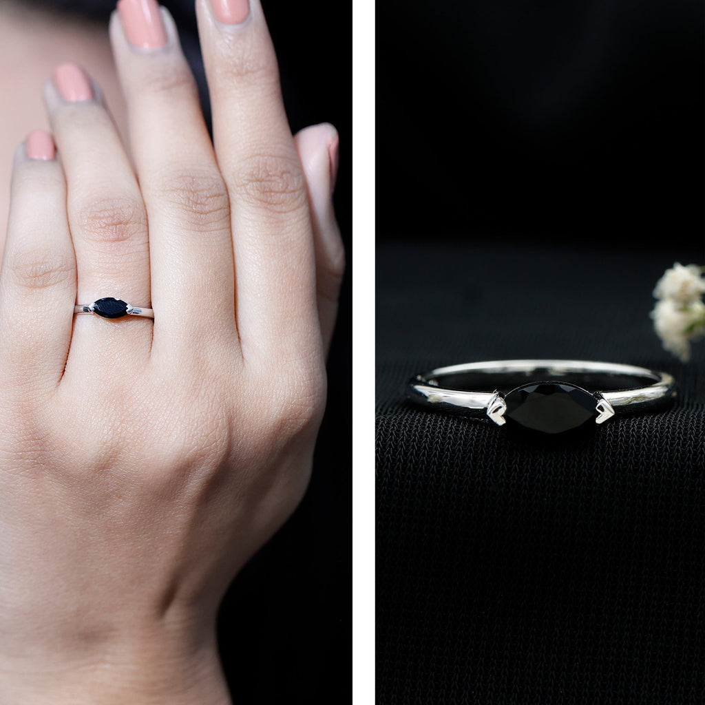 Marquise Shaped Black Onyx Solitaire Promise Ring for Her