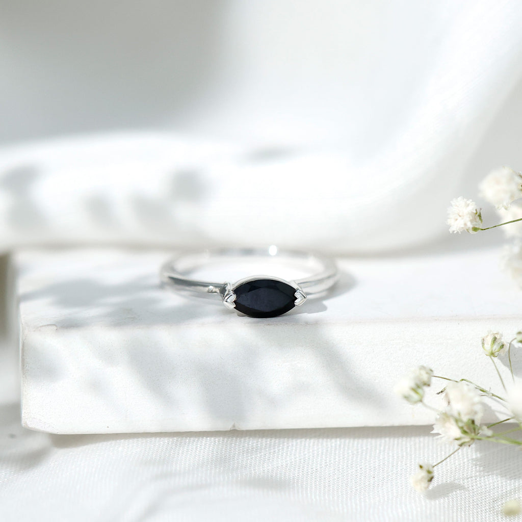 Marquise Shaped Black Onyx Solitaire Promise Ring for Her