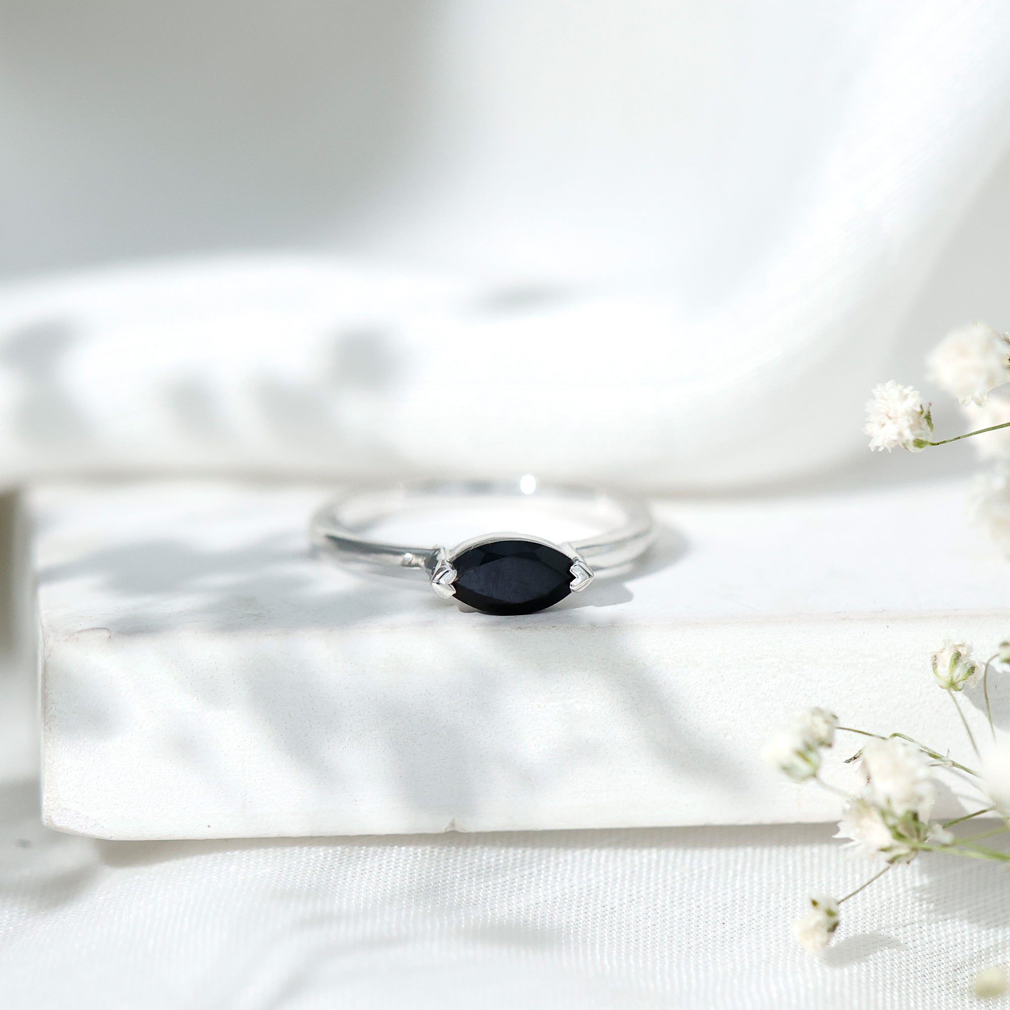Marquise Shaped Black Onyx Solitaire Promise Ring for Her