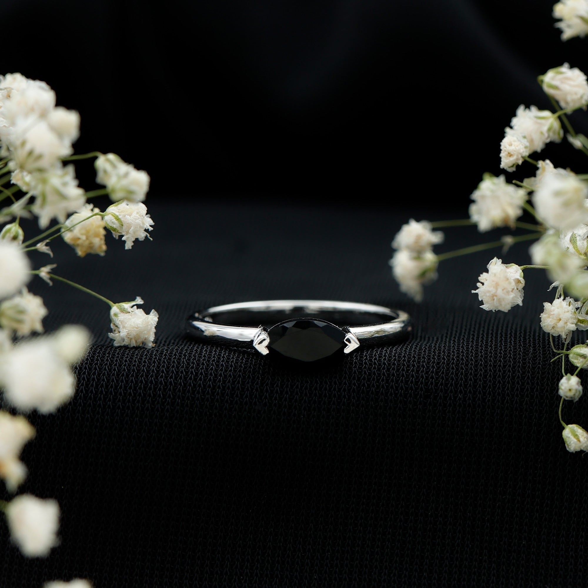 Marquise Shaped Black Onyx Solitaire Promise Ring for Her