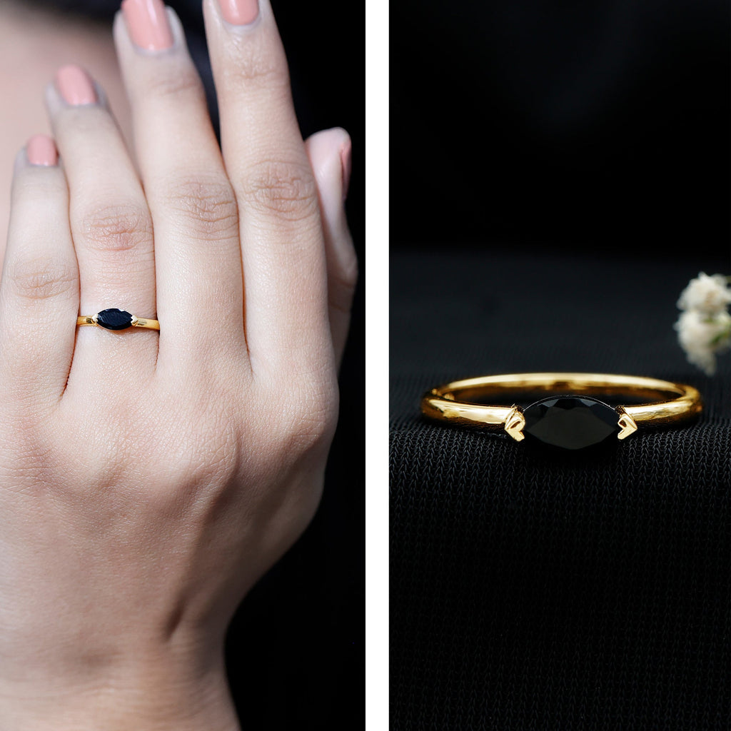 Marquise Shaped Black Onyx Solitaire Promise Ring for Her