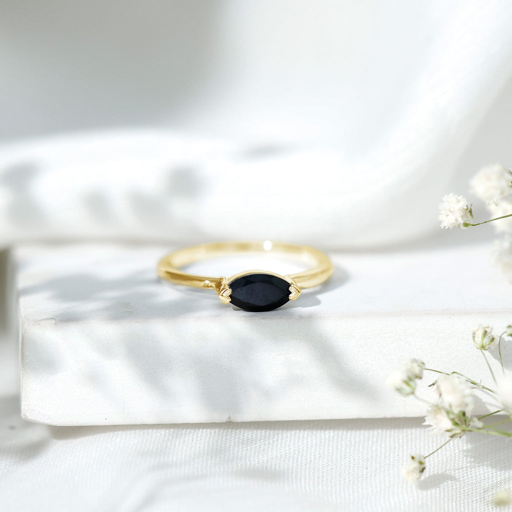 Marquise Shaped Black Onyx Solitaire Promise Ring for Her