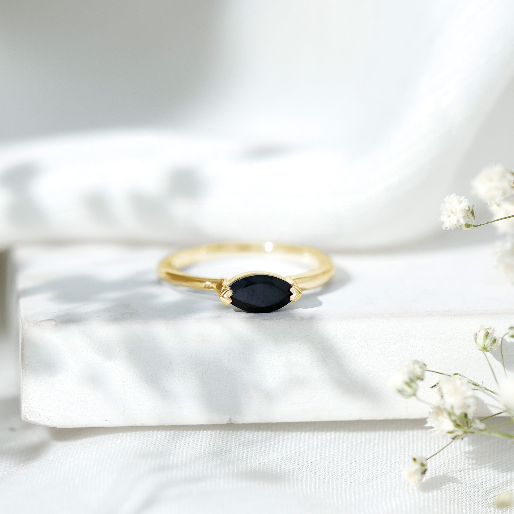 Marquise Shaped Black Onyx Solitaire Promise Ring for Her
