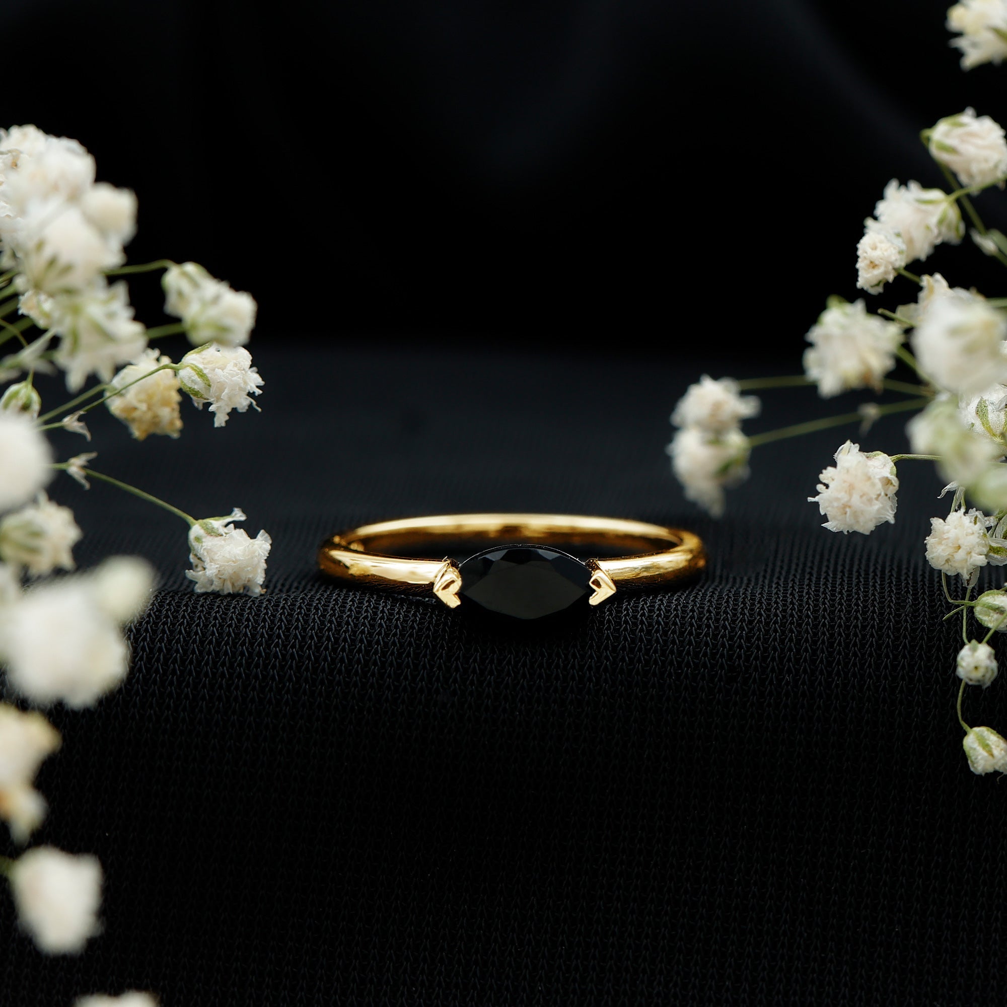 Marquise Shaped Black Onyx Solitaire Promise Ring for Her