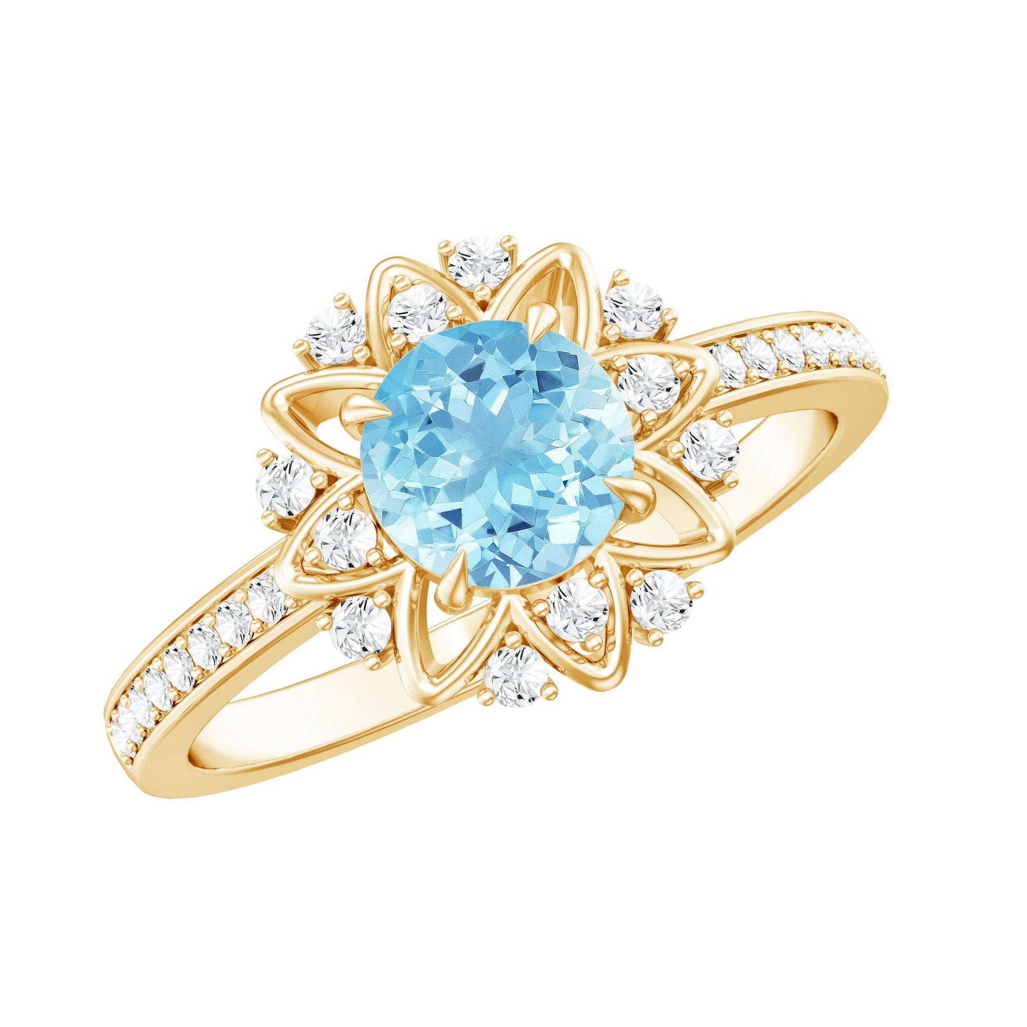 Aquamarine Engagement Ring – Floral Design Ring with Diamond Halo & AAA Quality Aquamarine