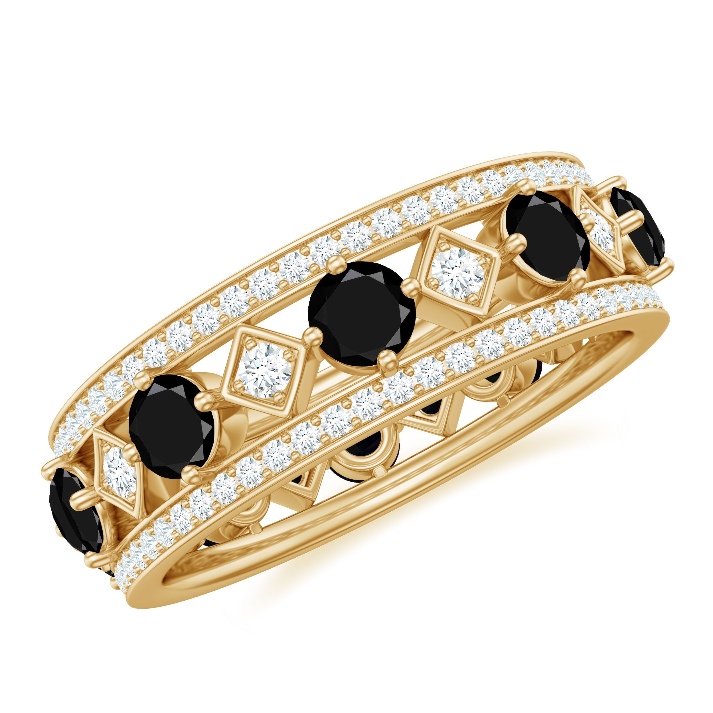 Antique Looking Black Onyx and Moissanite Wide Wedding Band