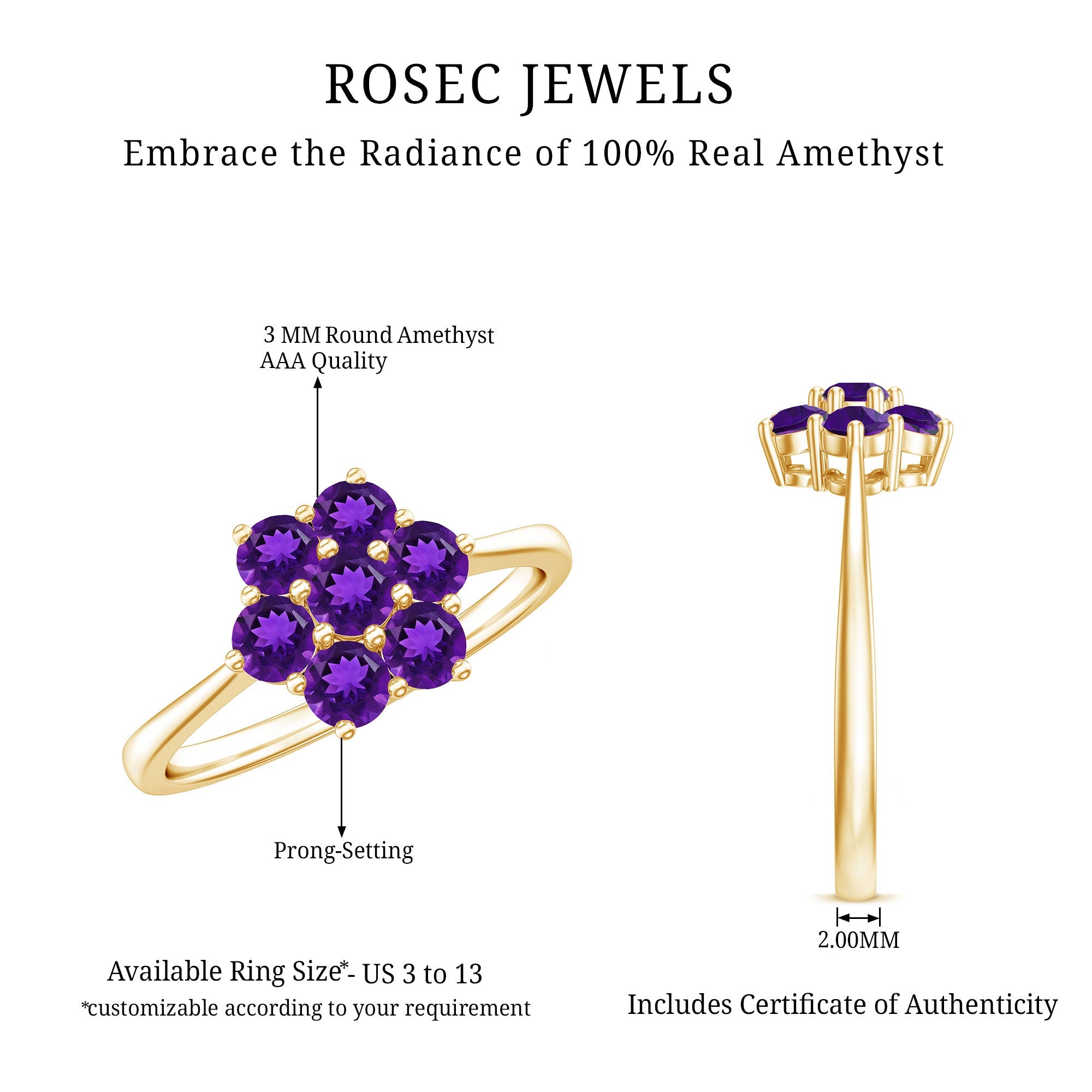 Round Shape Amethyst Cluster Flower Ring for Women