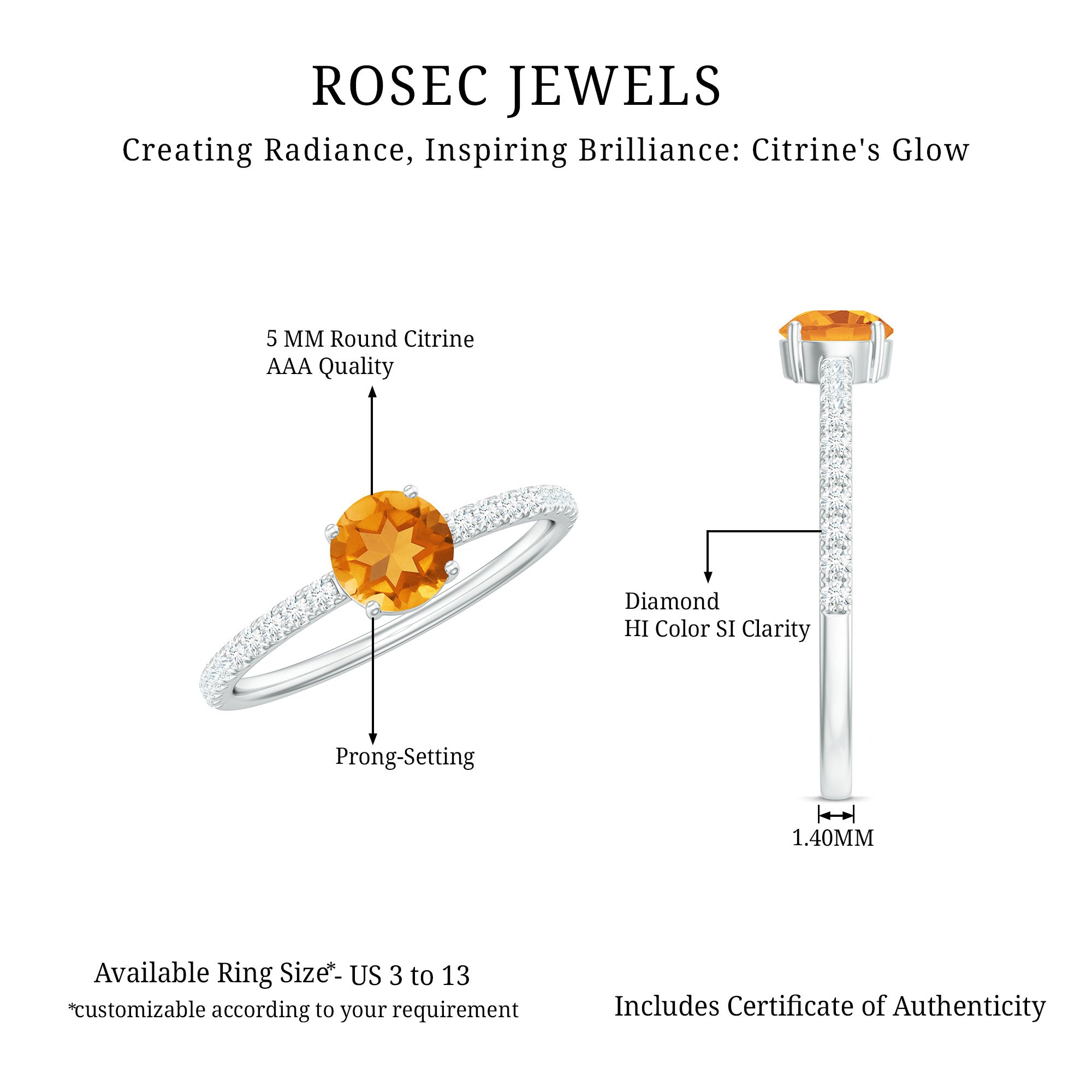 Citrine Engagement Ring – Minimalist Solitaire with Diamond Accents | AAA Quality
