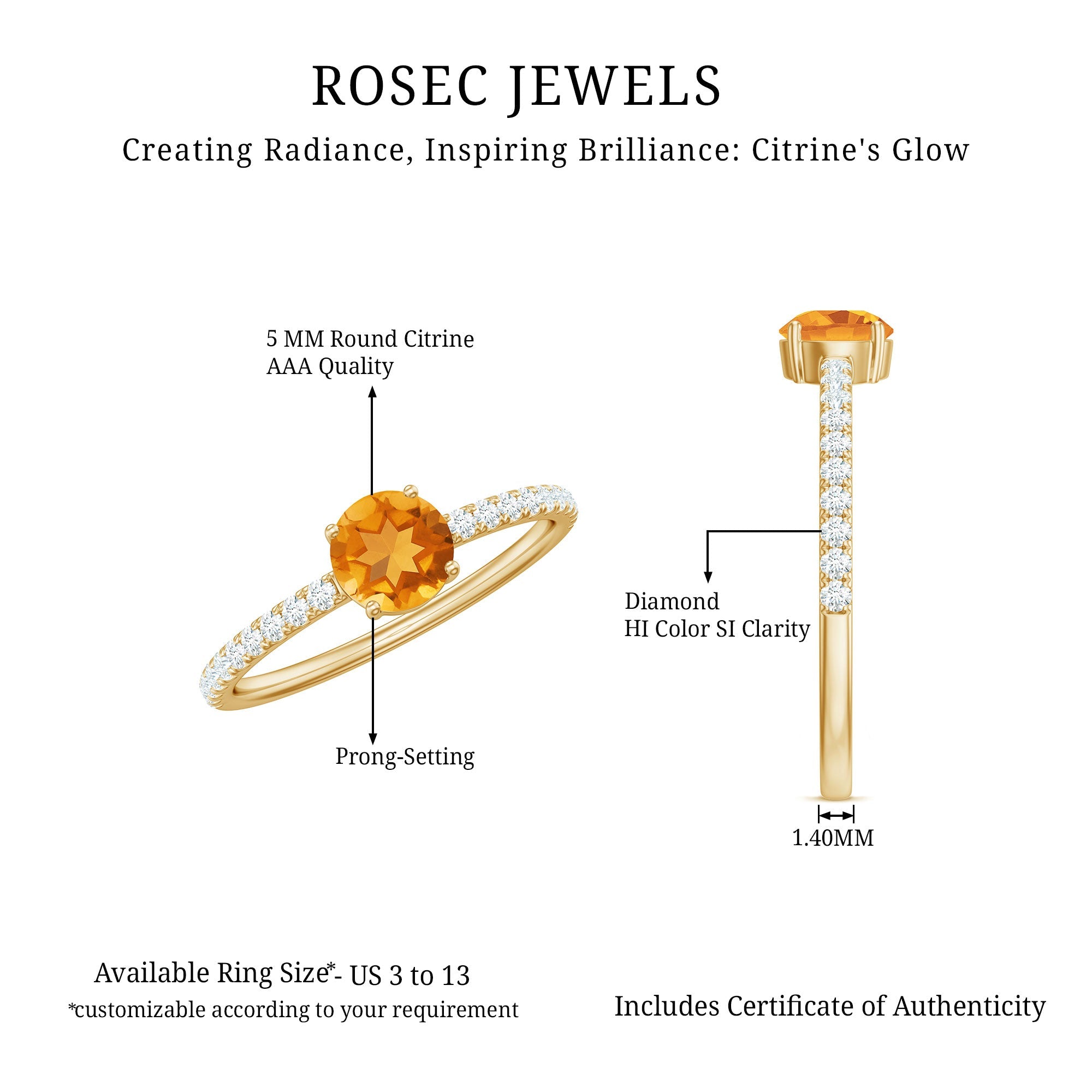 Citrine Engagement Ring – Minimalist Solitaire with Diamond Accents | AAA Quality