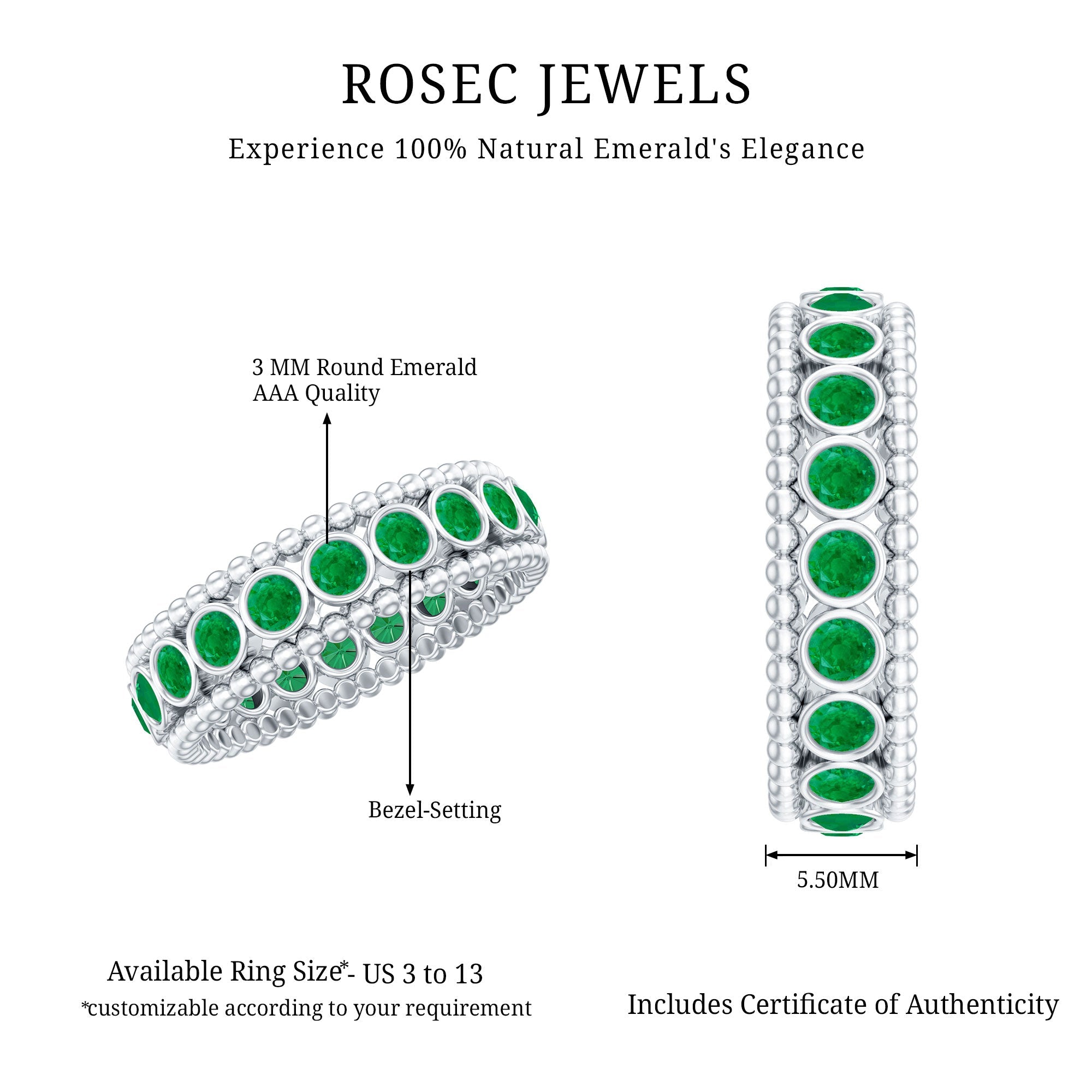 Emerald Wedding Band – Vintage Bezel Setting Ring with AAA Quality Emeralds