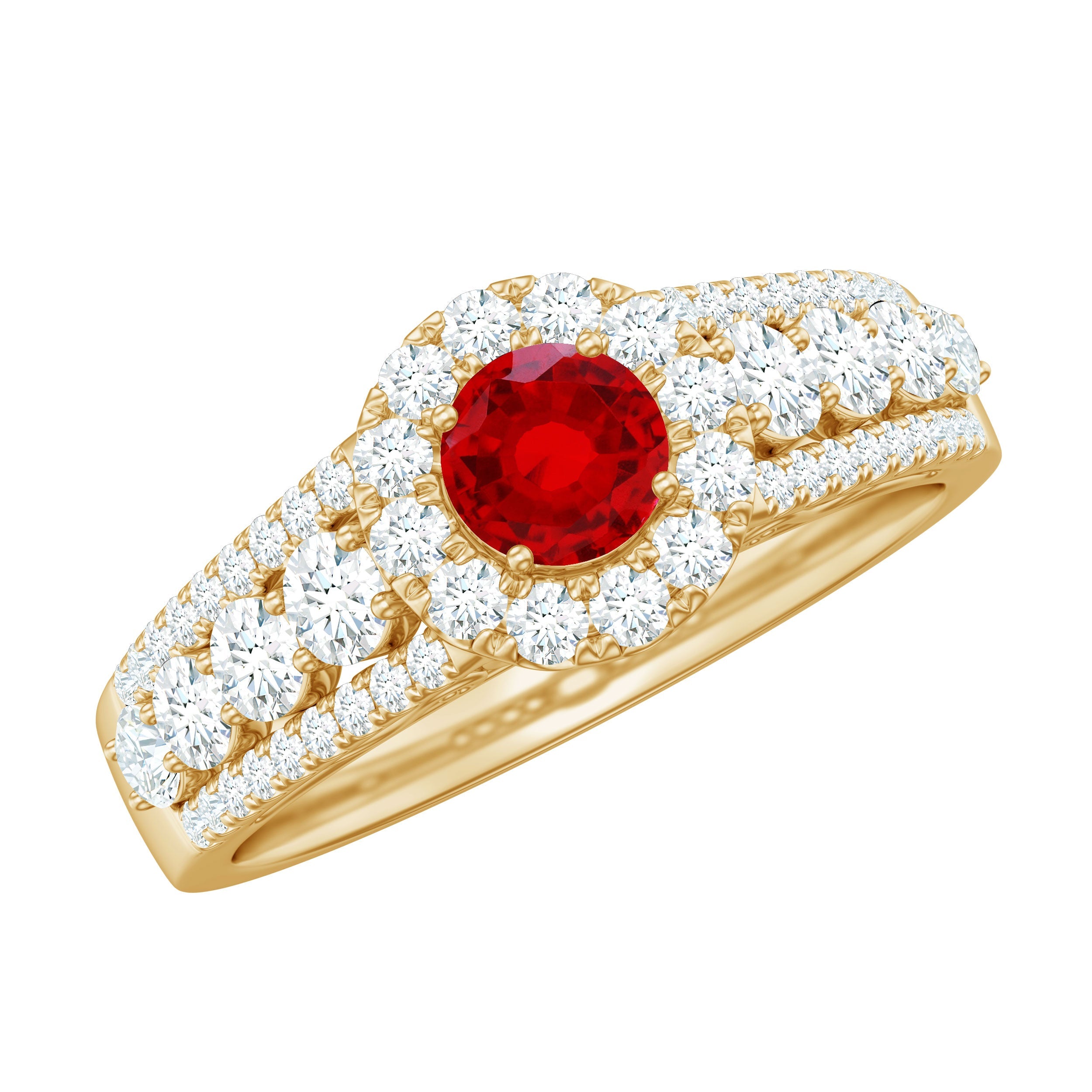 Lab Created Ruby Ring – Vintage Style Side Stone Ring with Moissanite Halo