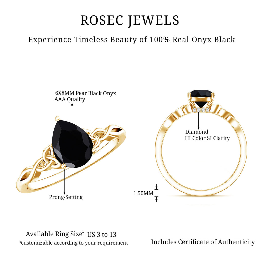 Solitaire Pear Cut Black Onyx Engagement Ring with Celtic Band