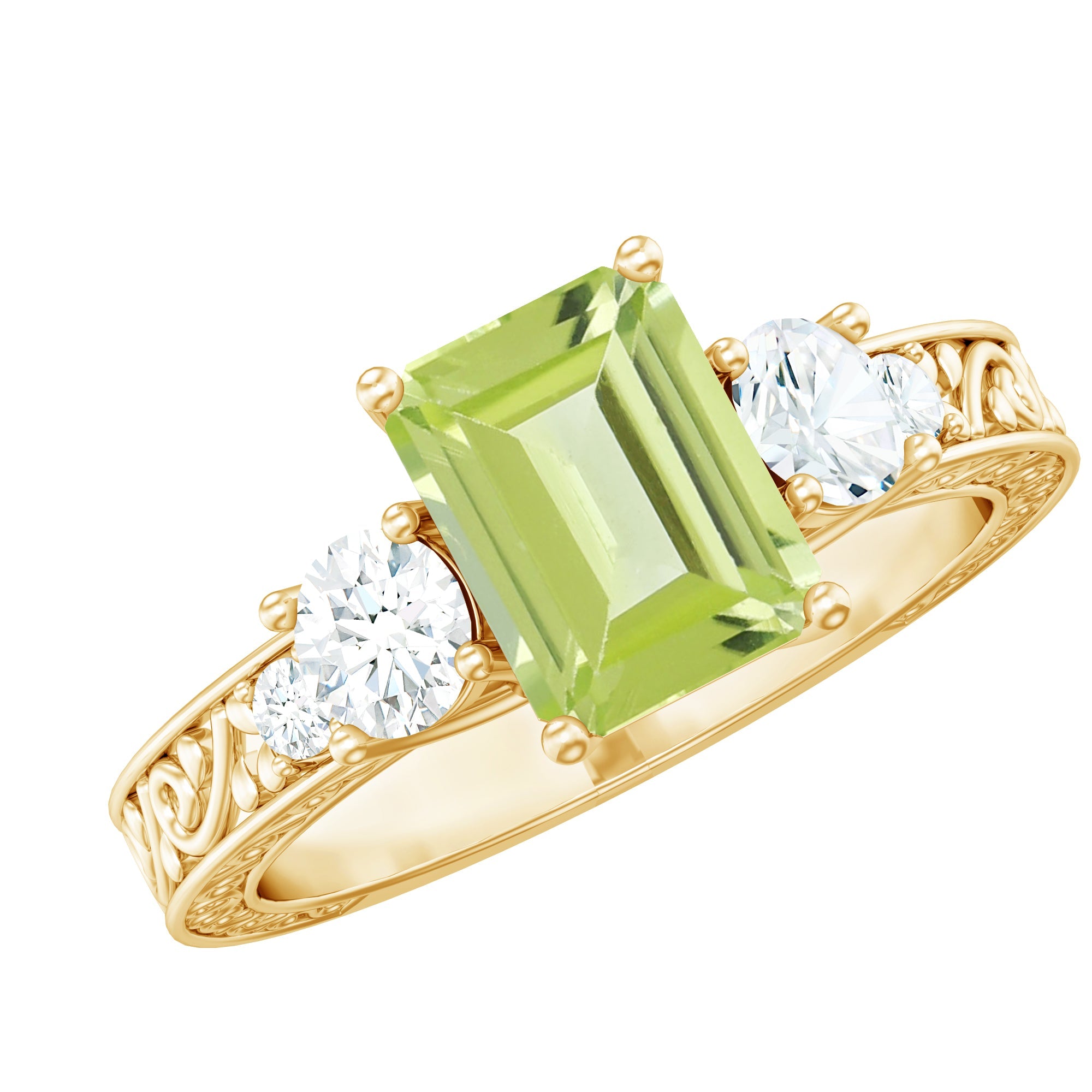 Peridot Engagement Ring – 1.8 Carat Emerald Cut with Moissanite Accent Stones