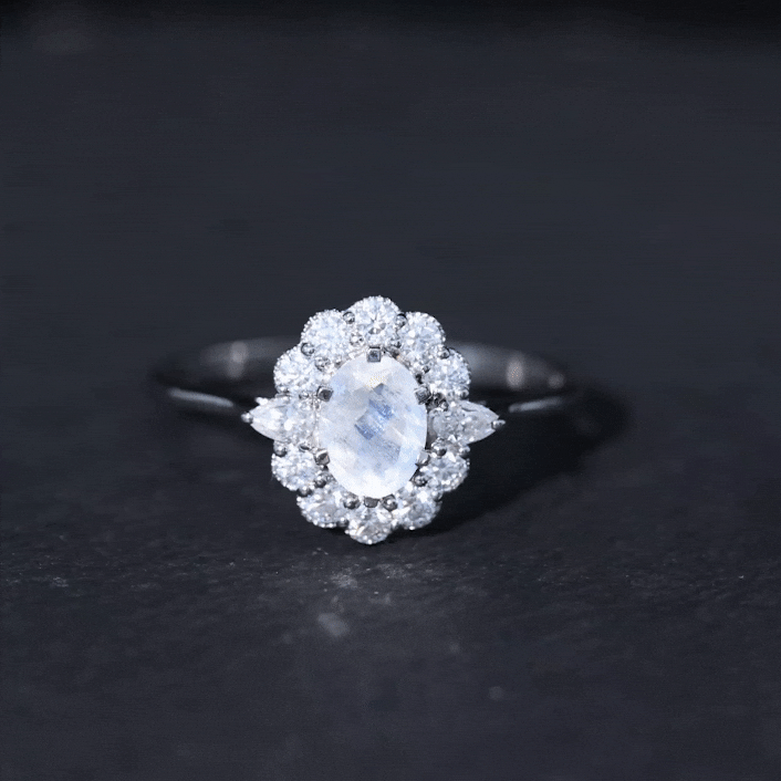 Moonstone Engagement Ring - Oval Blue Moonstone With Moissanite Halo Band