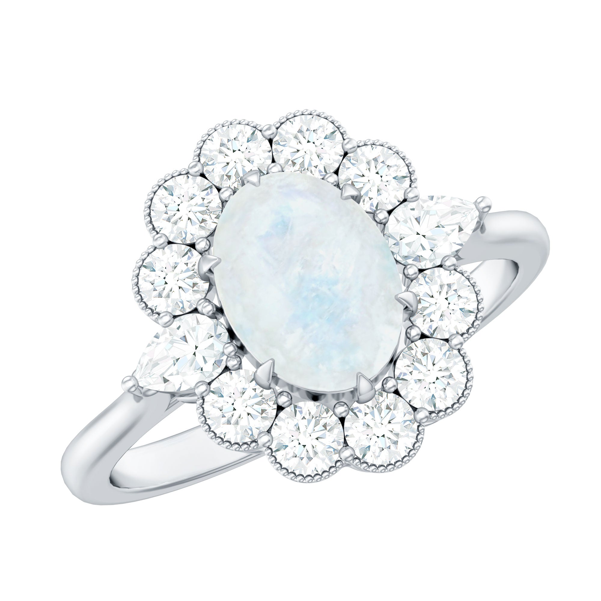 Moonstone Engagement Ring - Oval Blue Moonstone With Moissanite Halo Band