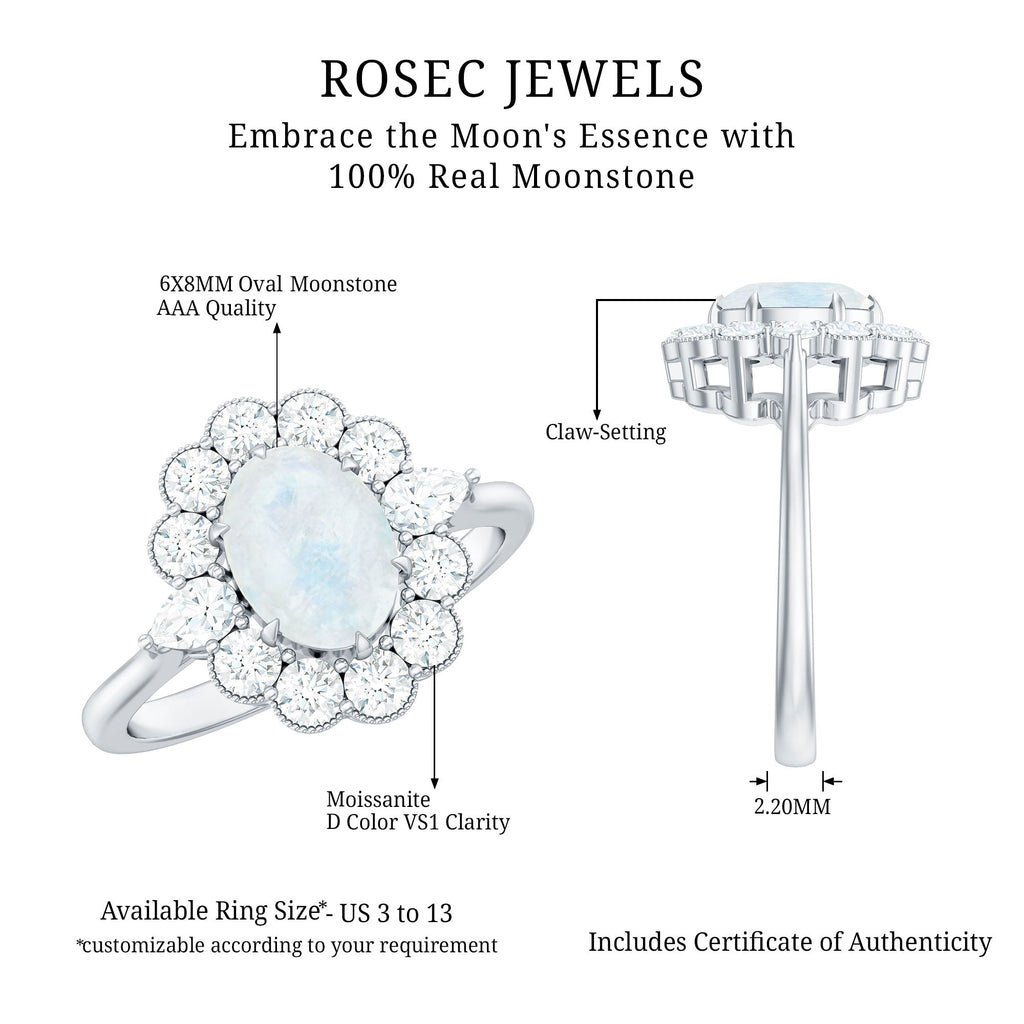 Moonstone Engagement Ring - Oval Blue Moonstone With Moissanite Halo Band