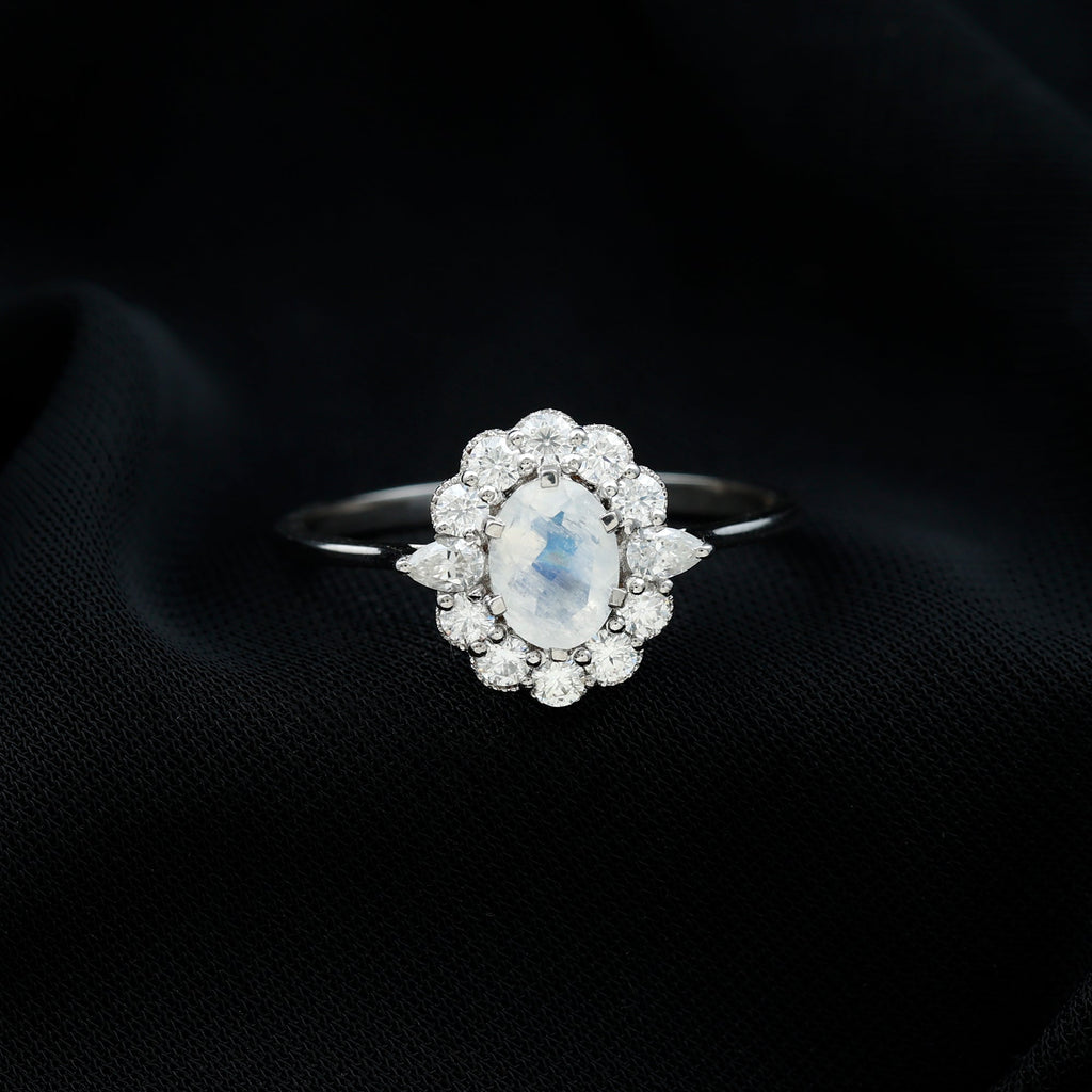 Moonstone Engagement Ring - Oval Blue Moonstone With Moissanite Halo Band