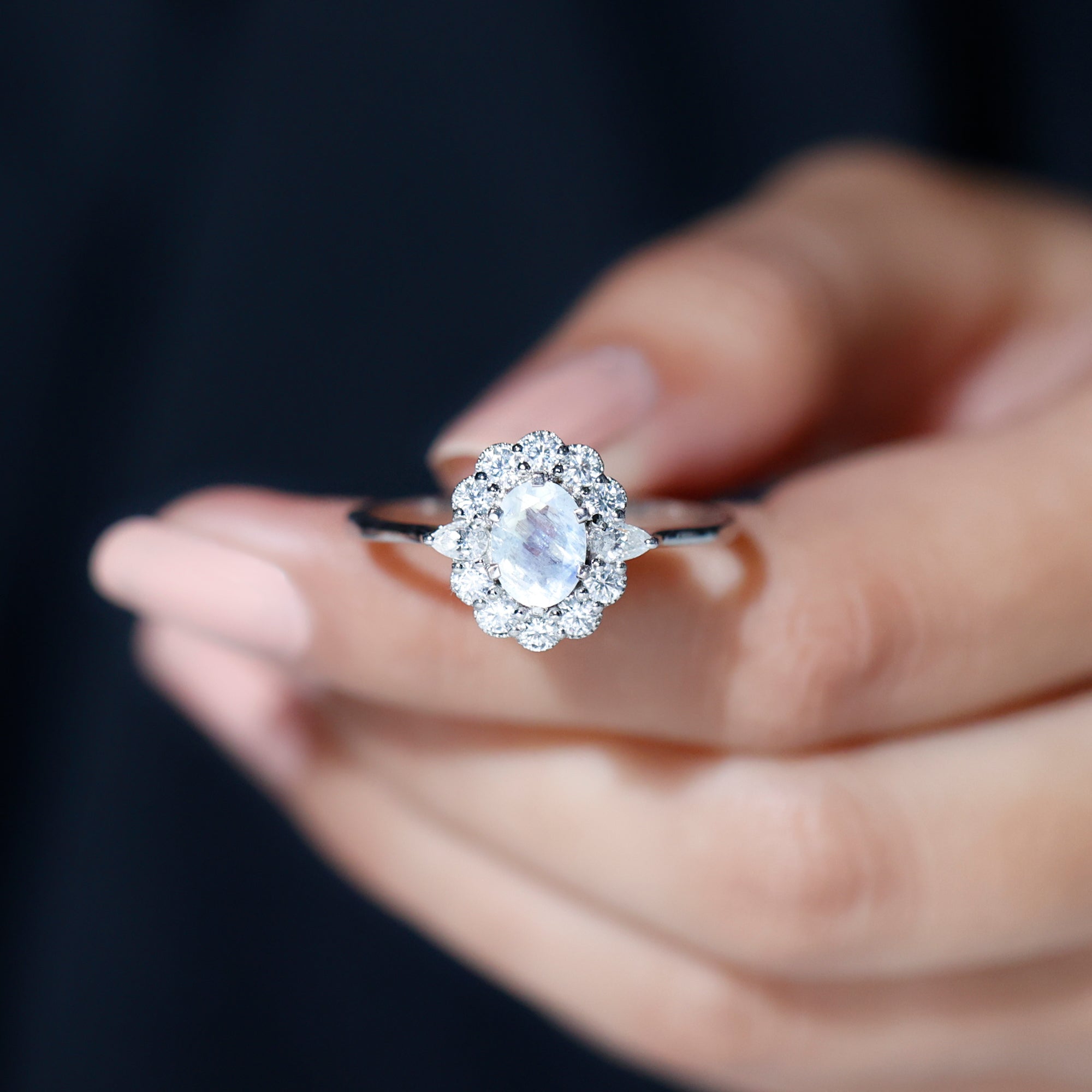 Moonstone Engagement Ring - Oval Blue Moonstone With Moissanite Halo Band