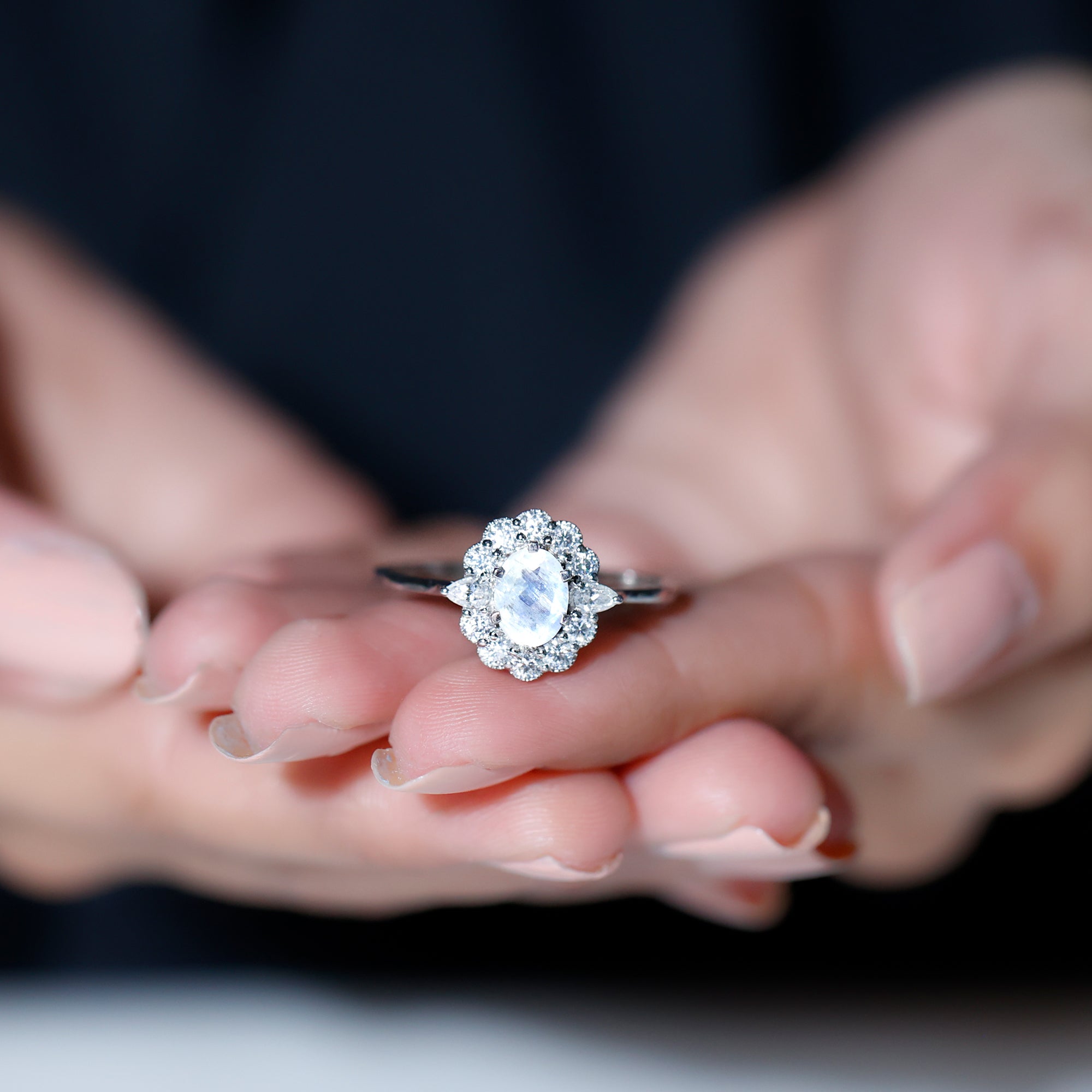 Moonstone Engagement Ring - Oval Blue Moonstone With Moissanite Halo Band