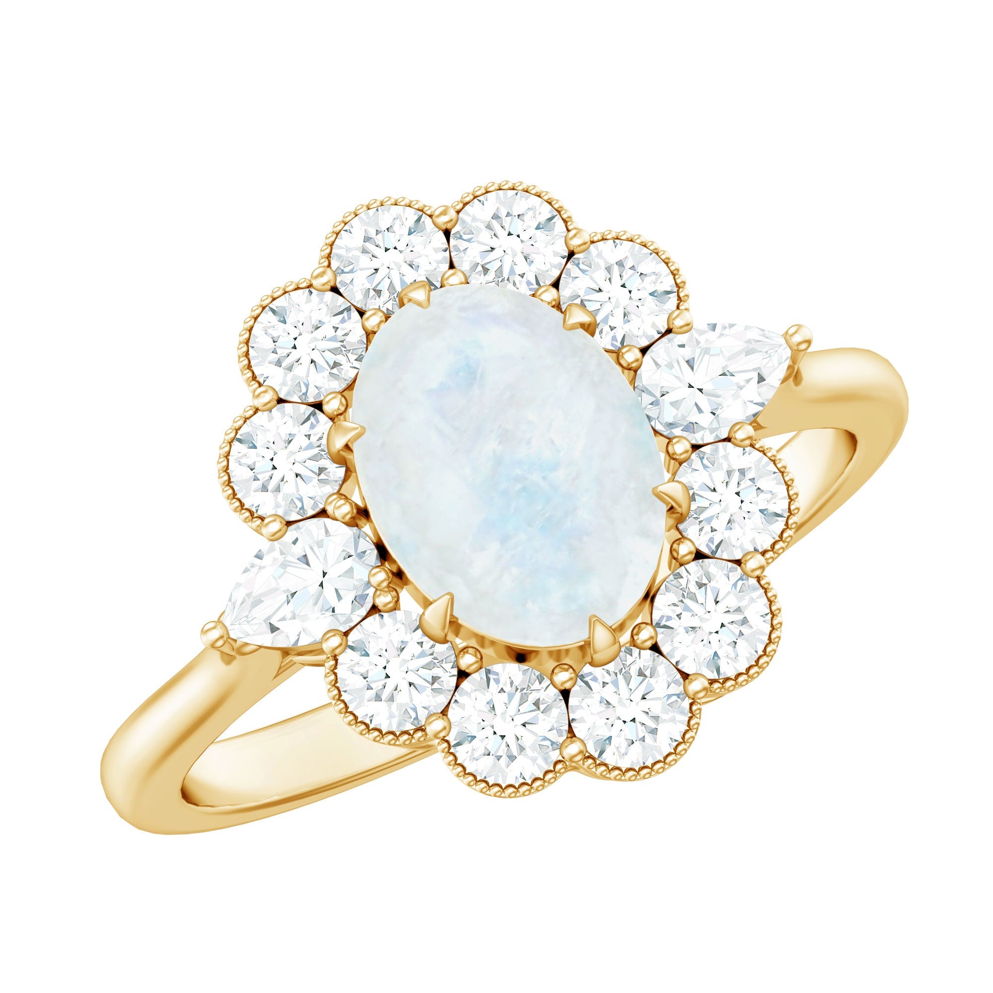 Moonstone Engagement Ring - Oval Blue Moonstone With Moissanite Halo Band