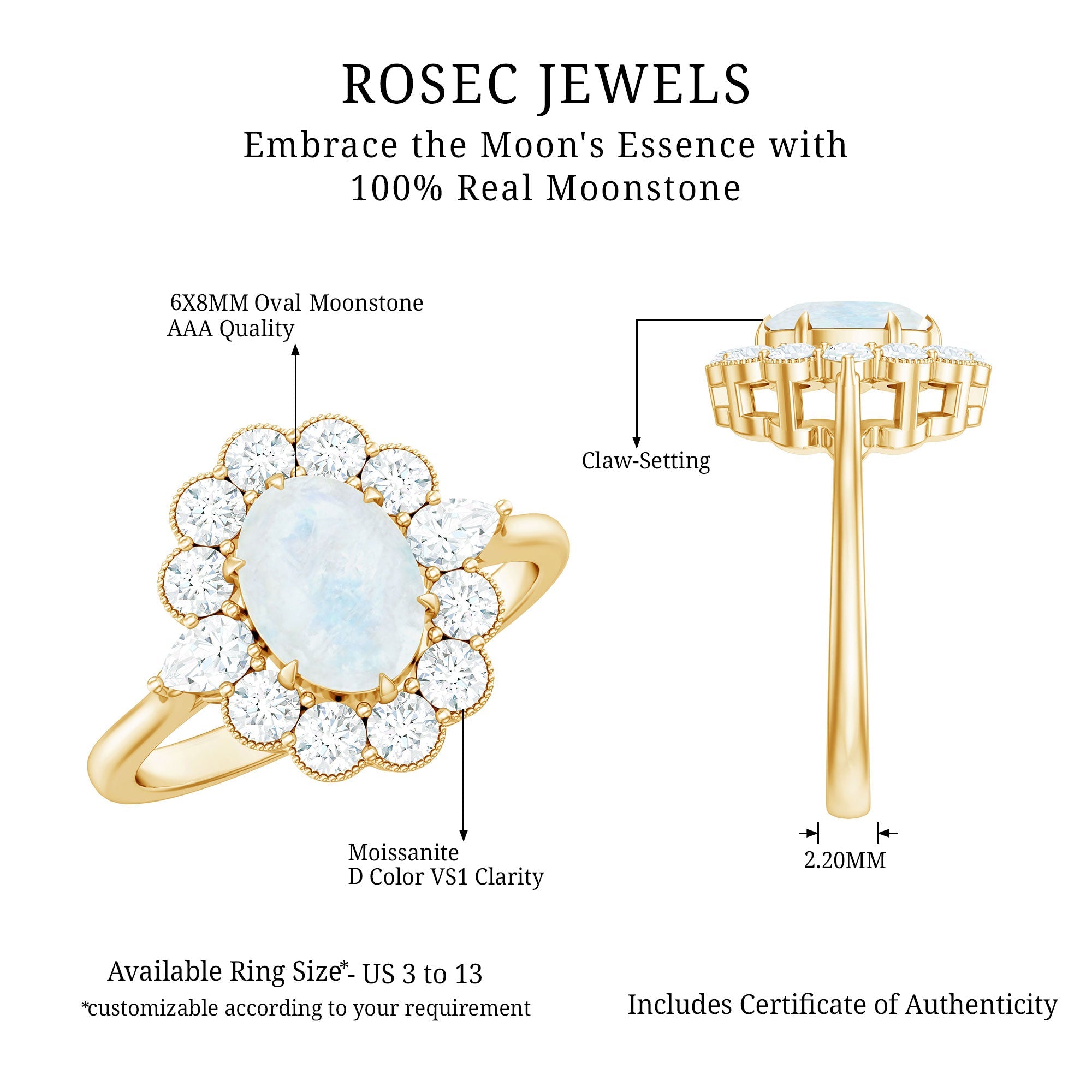 Moonstone Engagement Ring - Oval Blue Moonstone With Moissanite Halo Band