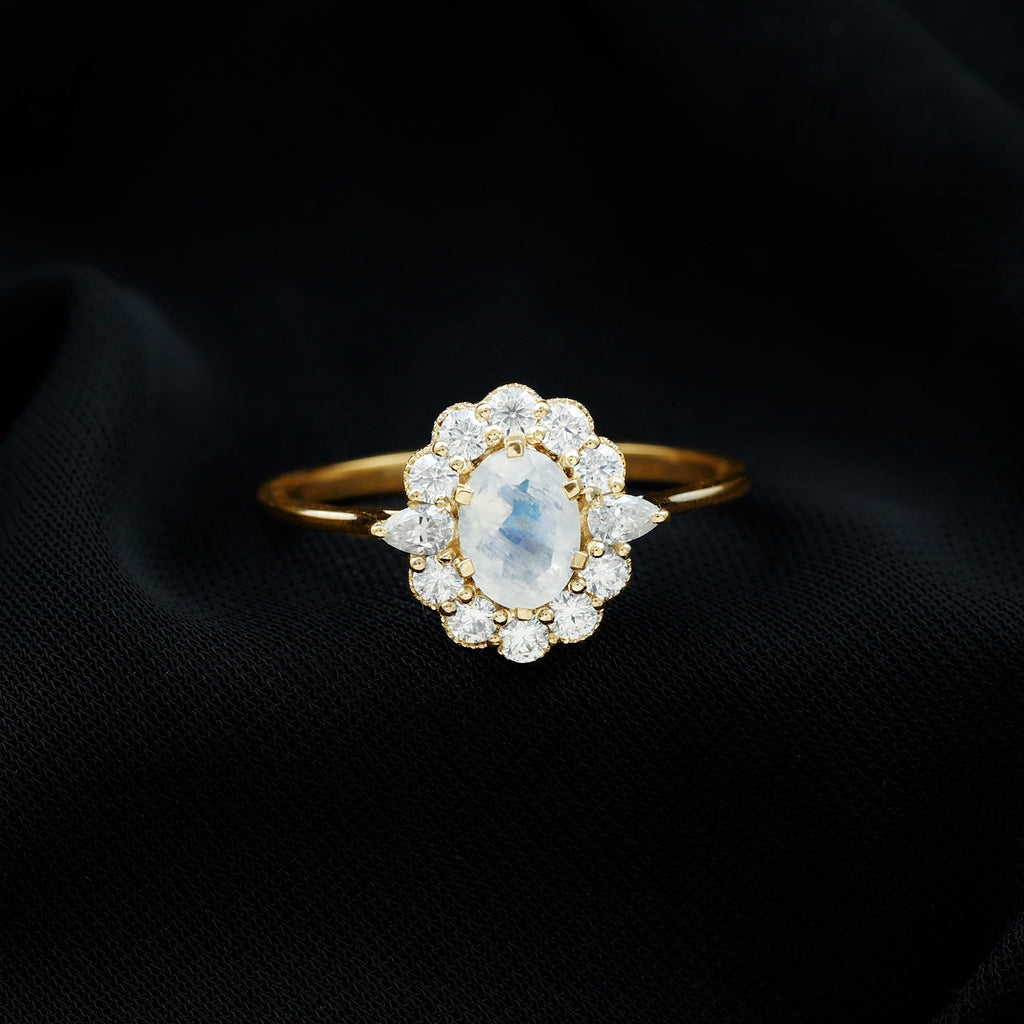 Moonstone Engagement Ring - Oval Blue Moonstone With Moissanite Halo Band