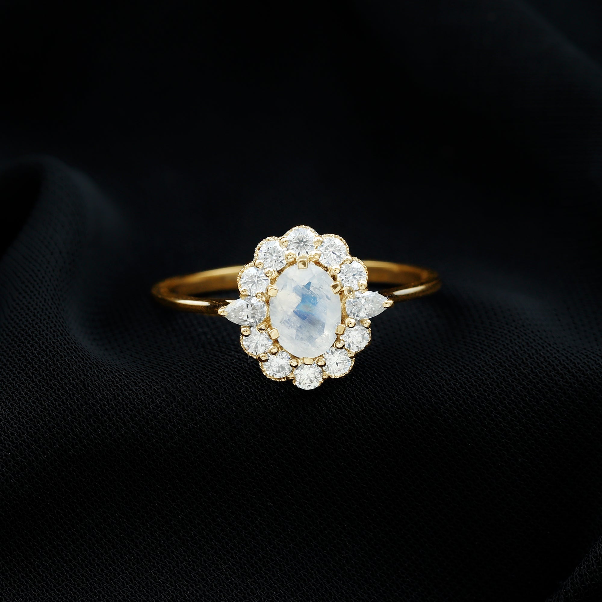 Moonstone Engagement Ring - Oval Blue Moonstone With Moissanite Halo Band