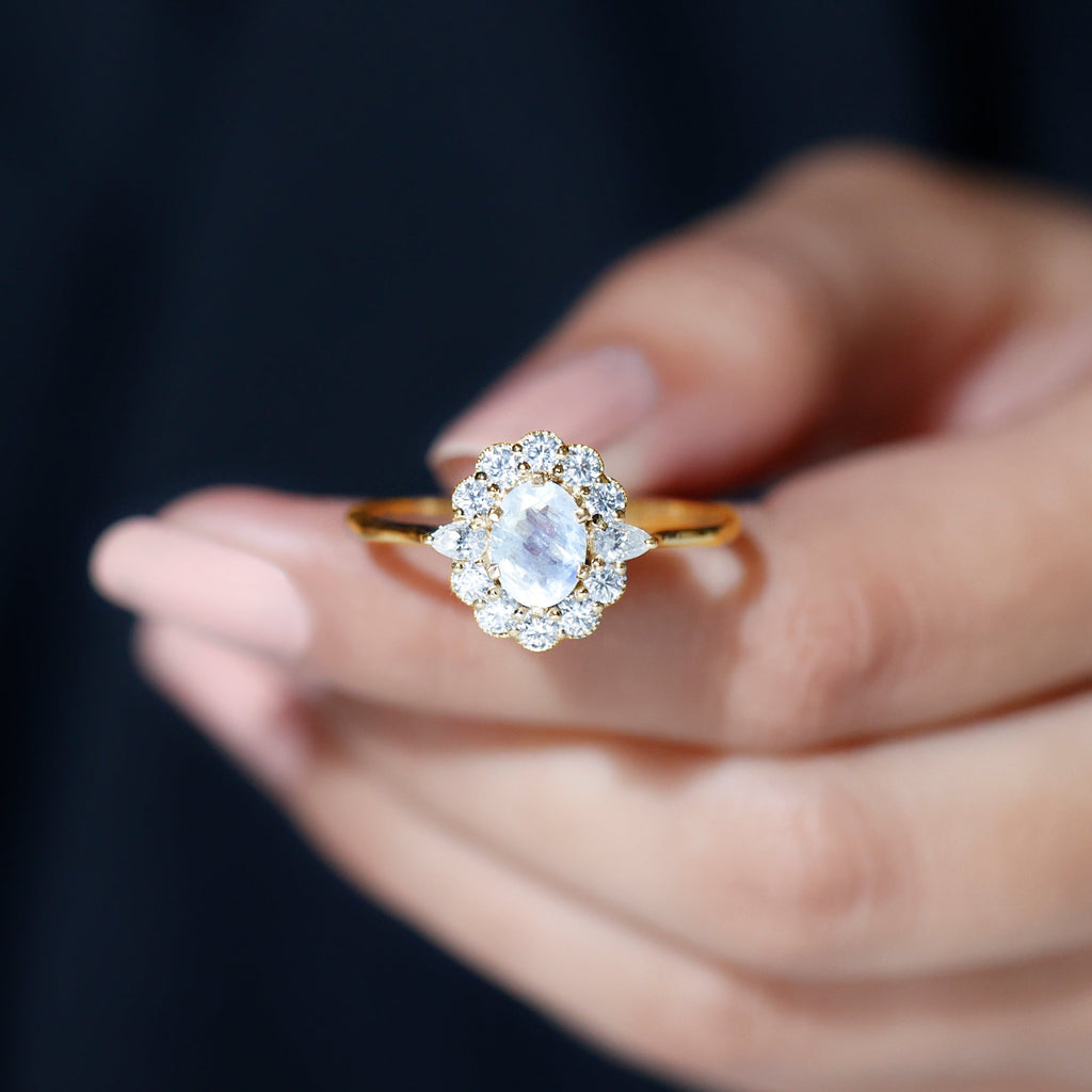 Moonstone Engagement Ring - Oval Blue Moonstone With Moissanite Halo Band