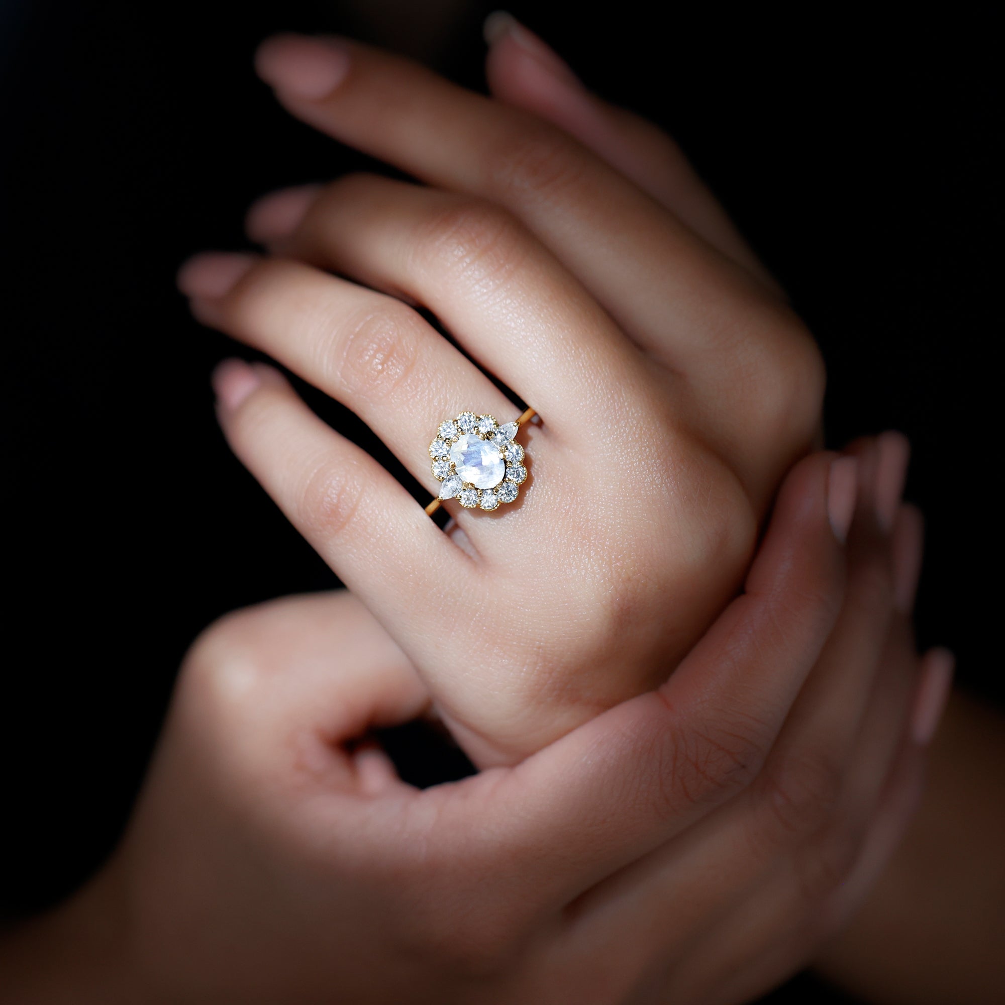 Moonstone Engagement Ring - Oval Blue Moonstone With Moissanite Halo Band