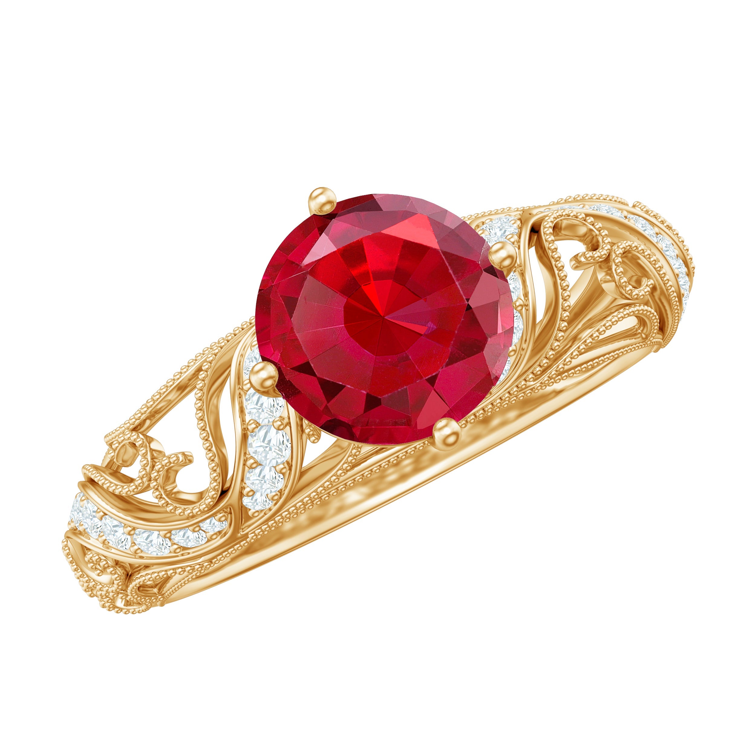 Vintage looking lab ruby and diamond engagement ring with filigree gold band