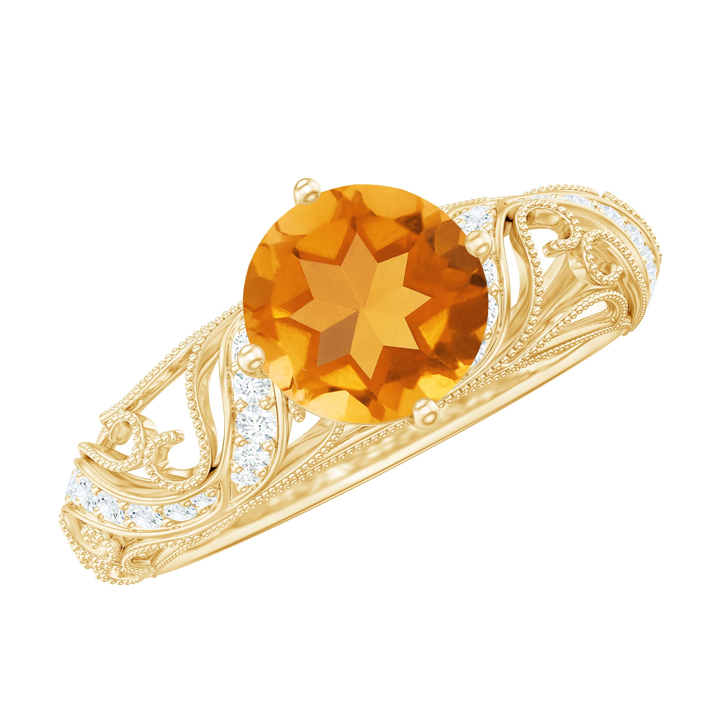 Citrine Engagement Ring – Vintage Diamond Accent 4-Prong Setting | Rosec Jewels