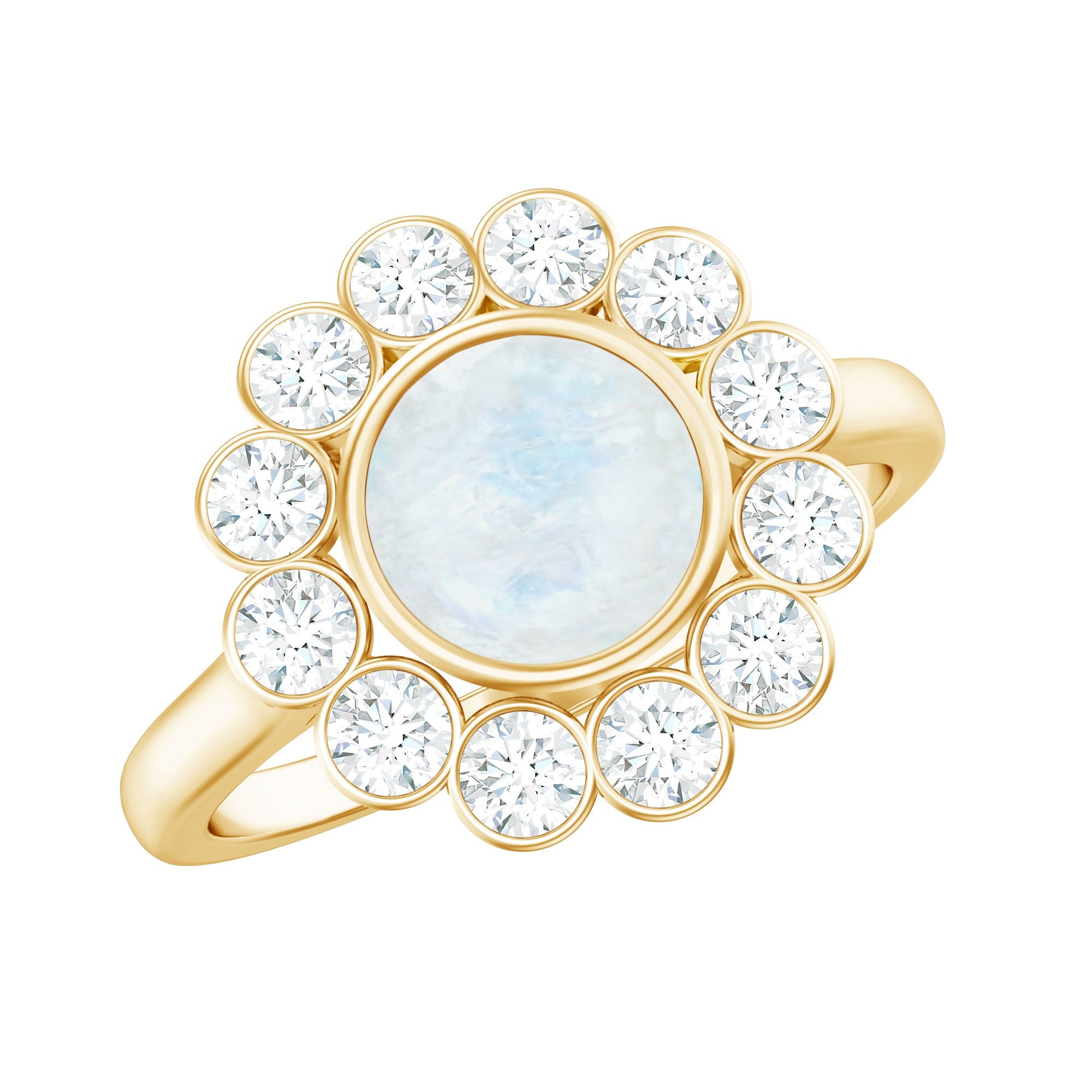 Moonstone Engagement Ring – Round Moonstone Ring with Diamond Halo & Bezel Setting