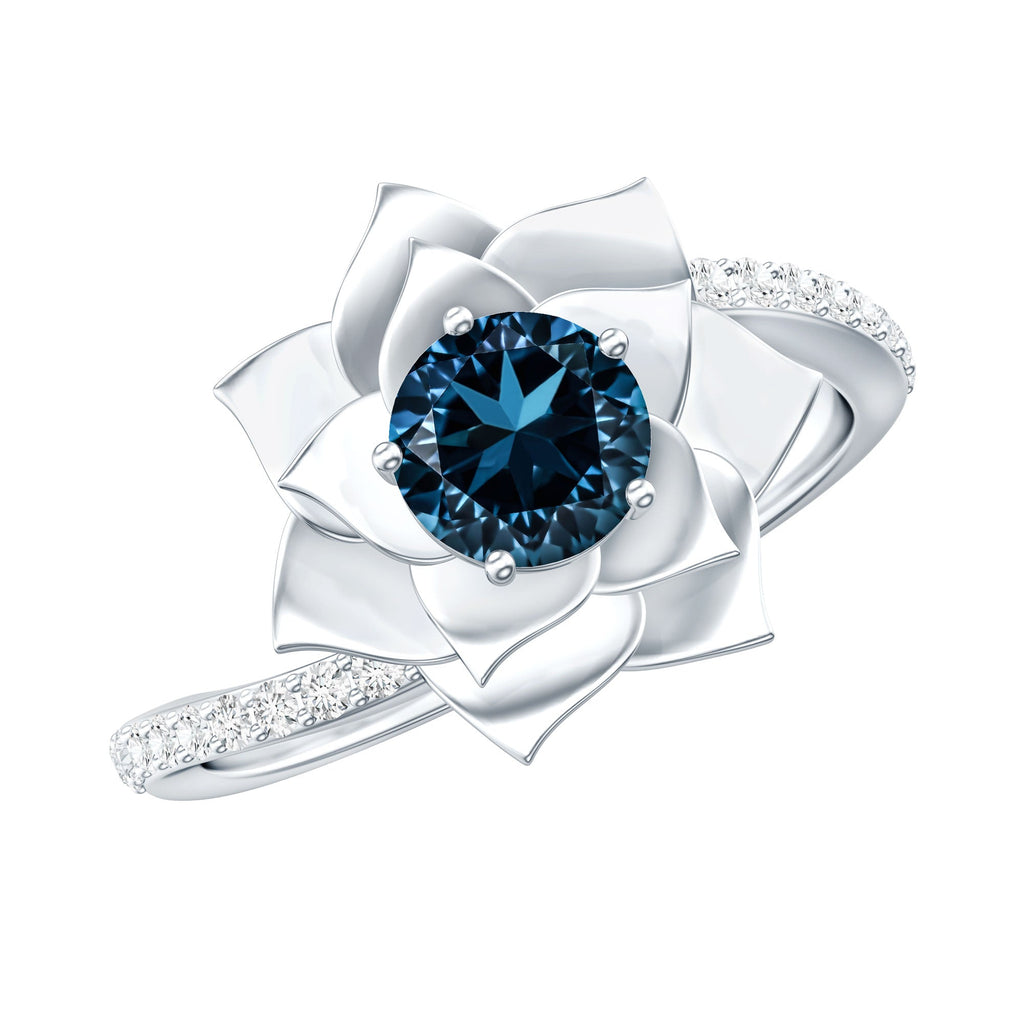 Flower Inspired London Blue Topaz Rose Engagement Ring with Diamond
