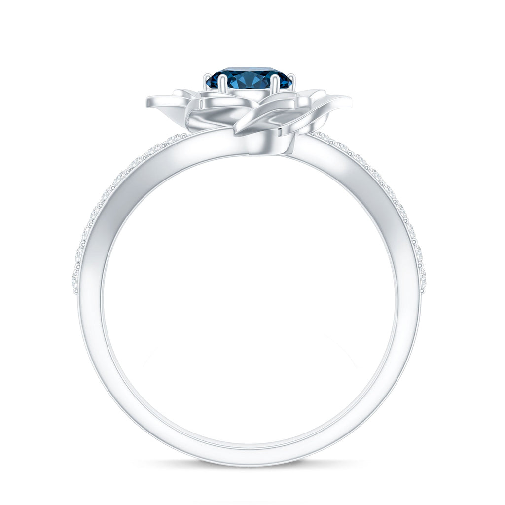 Flower Inspired London Blue Topaz Rose Engagement Ring with Diamond