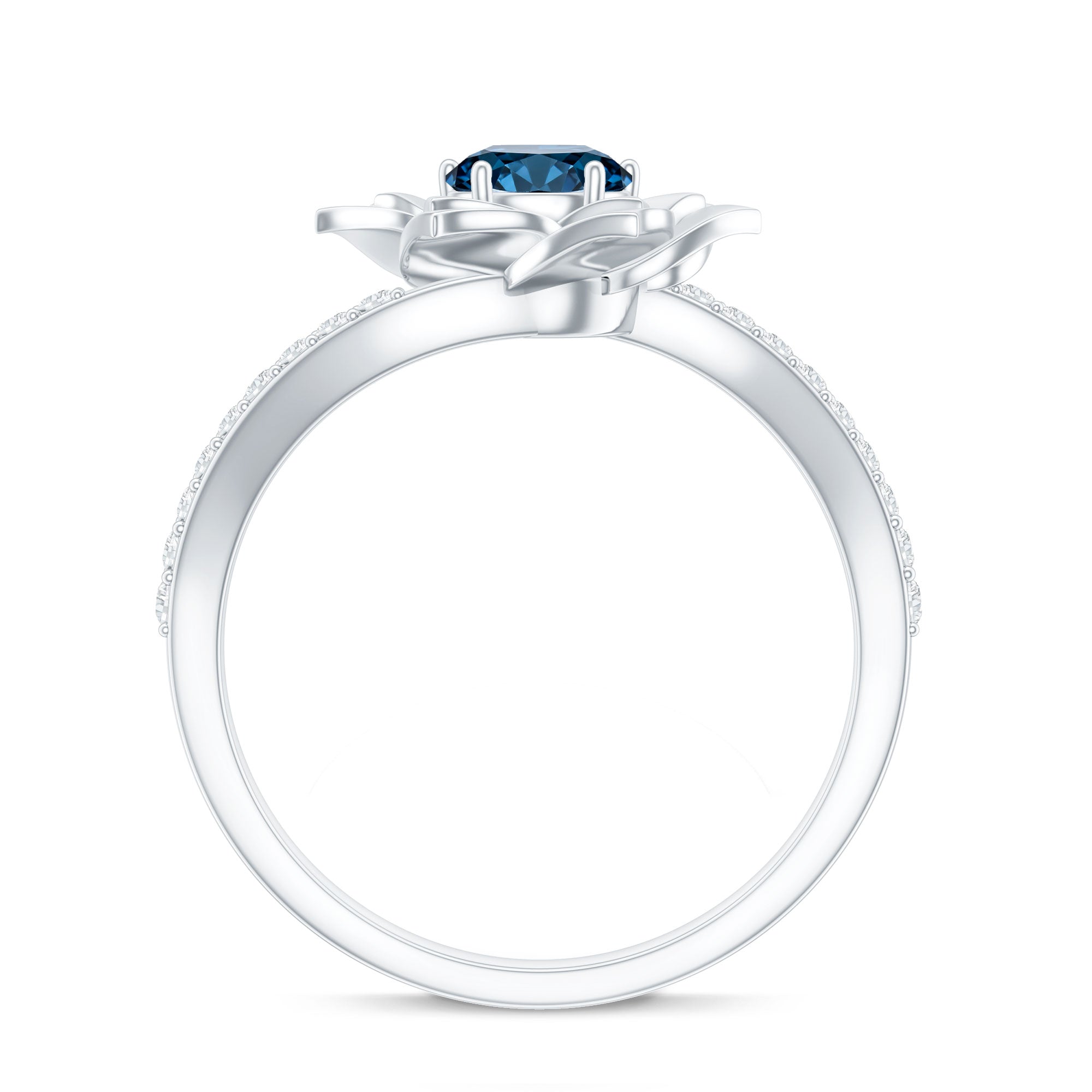 Flower Inspired London Blue Topaz Rose Engagement Ring with Diamond
