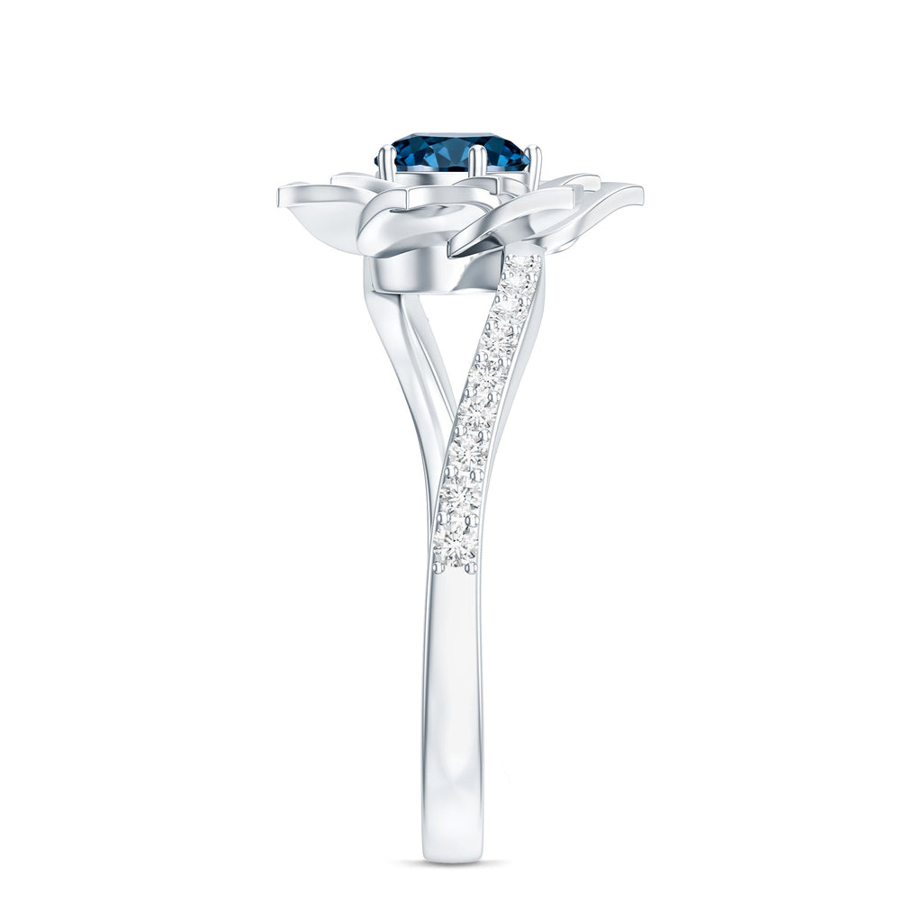 Flower Inspired London Blue Topaz Rose Engagement Ring with Diamond
