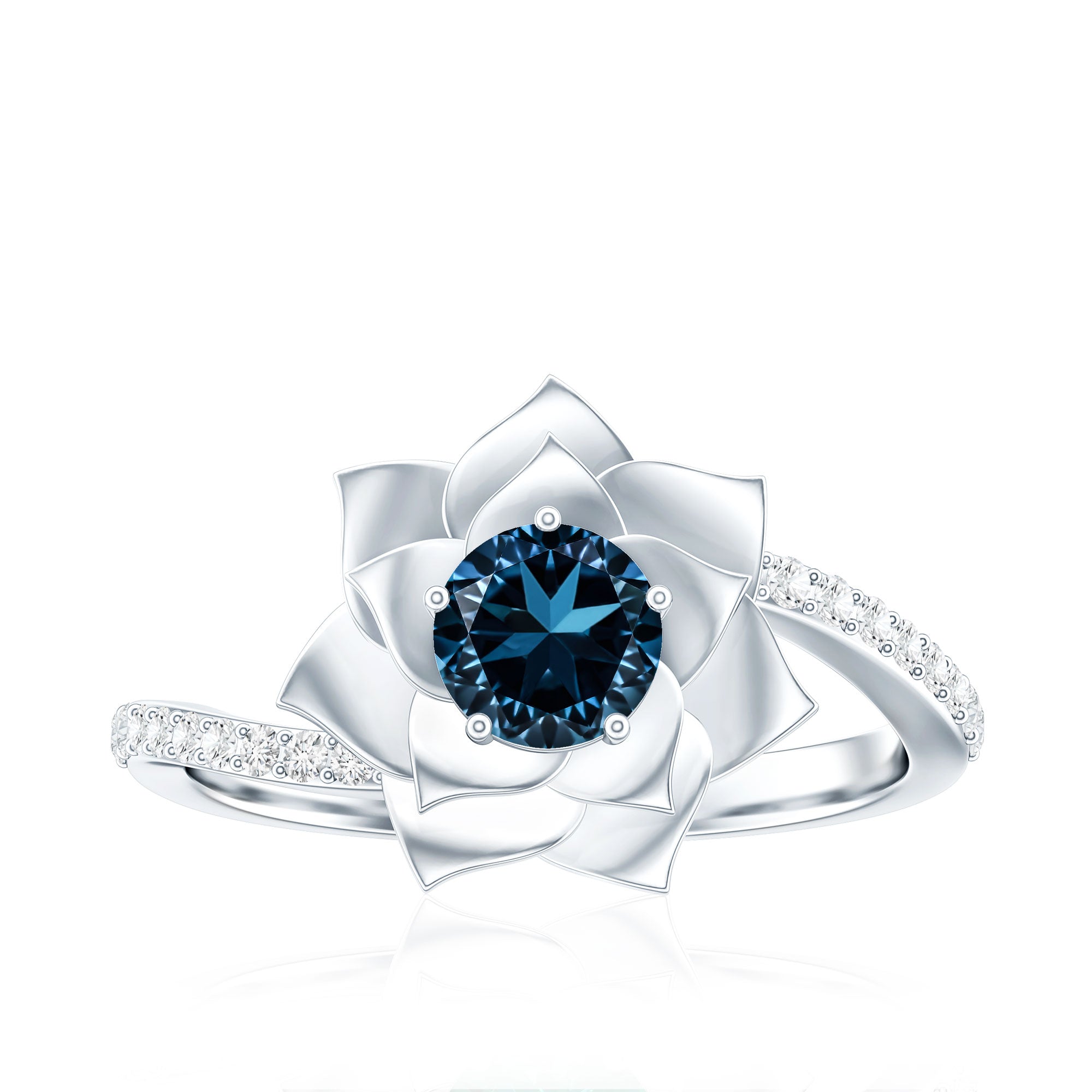 Flower Inspired London Blue Topaz Rose Engagement Ring with Diamond
