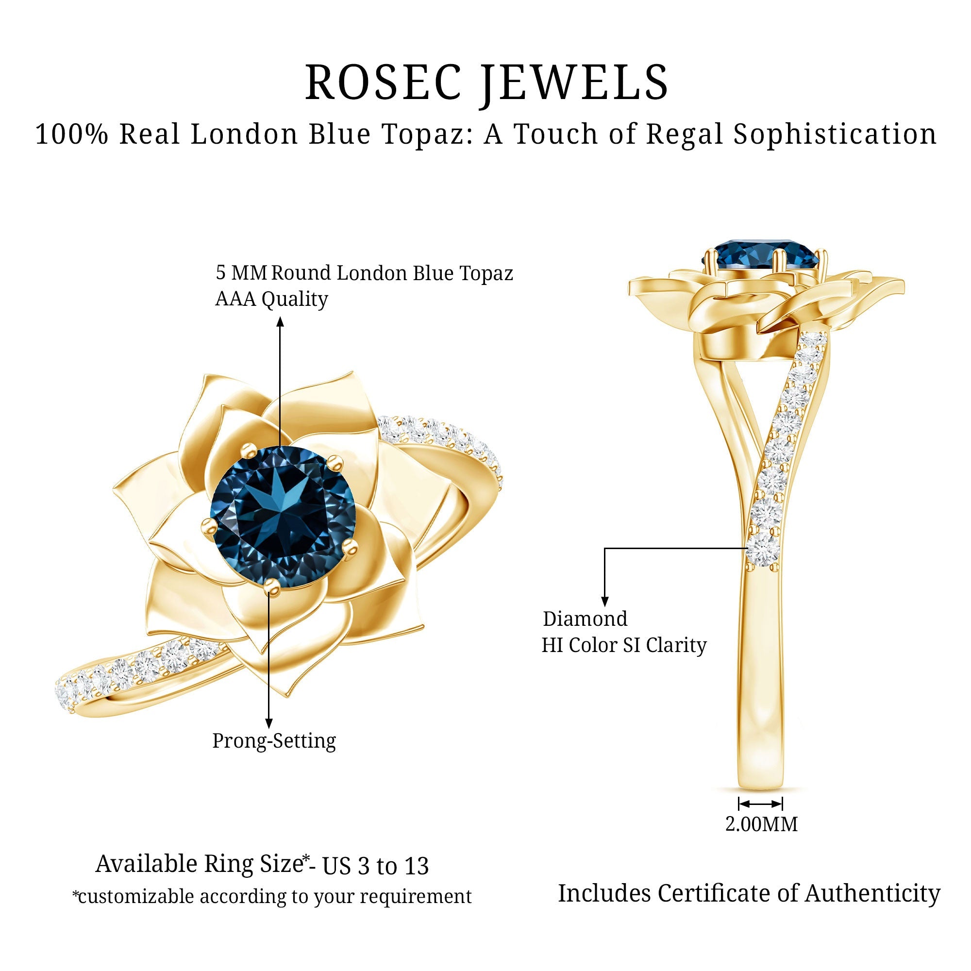 Flower Inspired London Blue Topaz Rose Engagement Ring with Diamond
