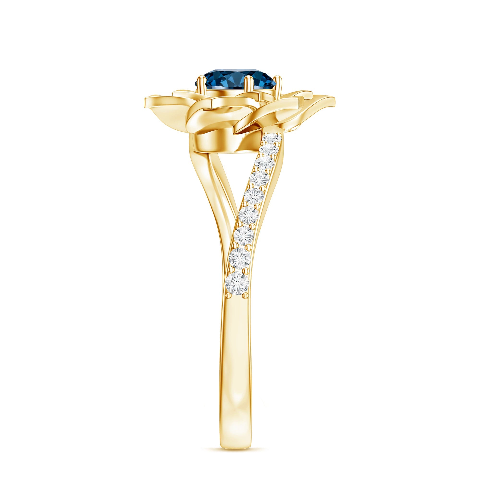 Flower Inspired London Blue Topaz Rose Engagement Ring with Diamond
