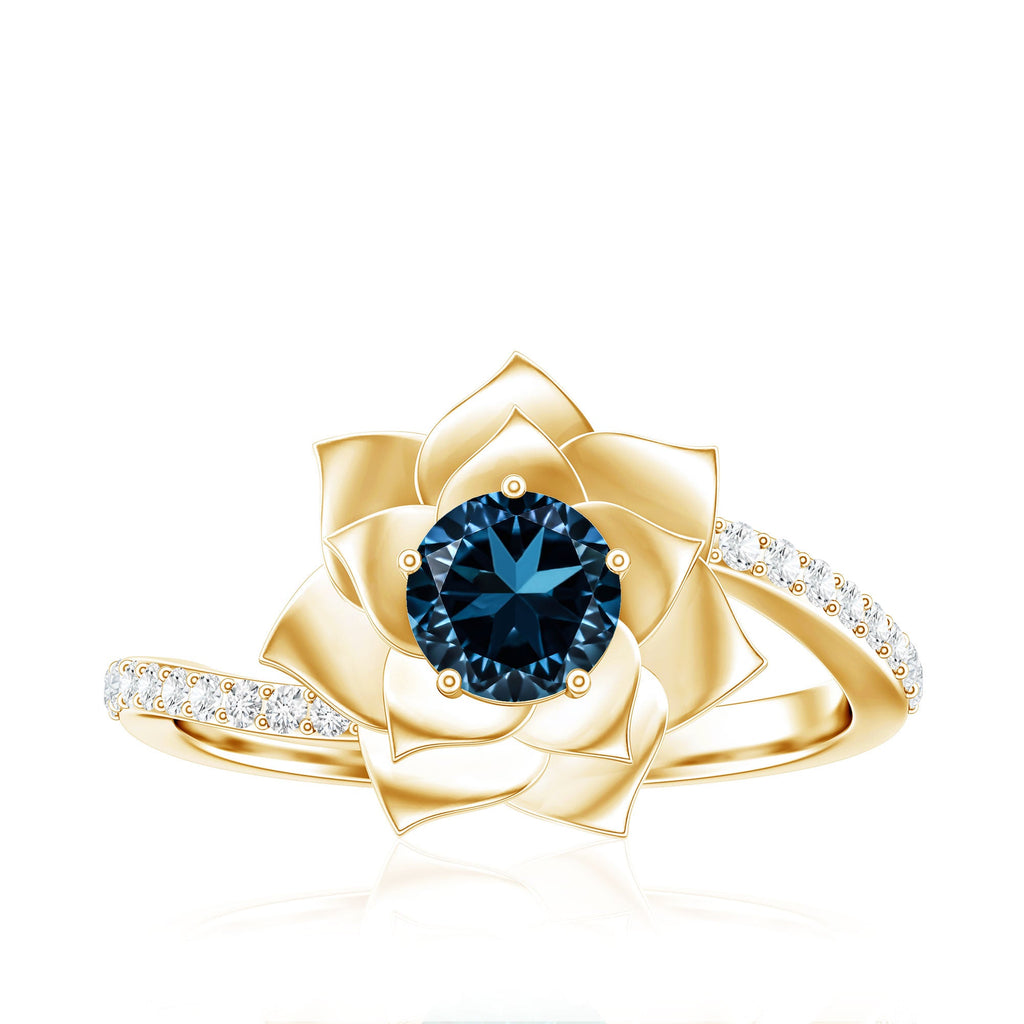 Flower Inspired London Blue Topaz Rose Engagement Ring with Diamond