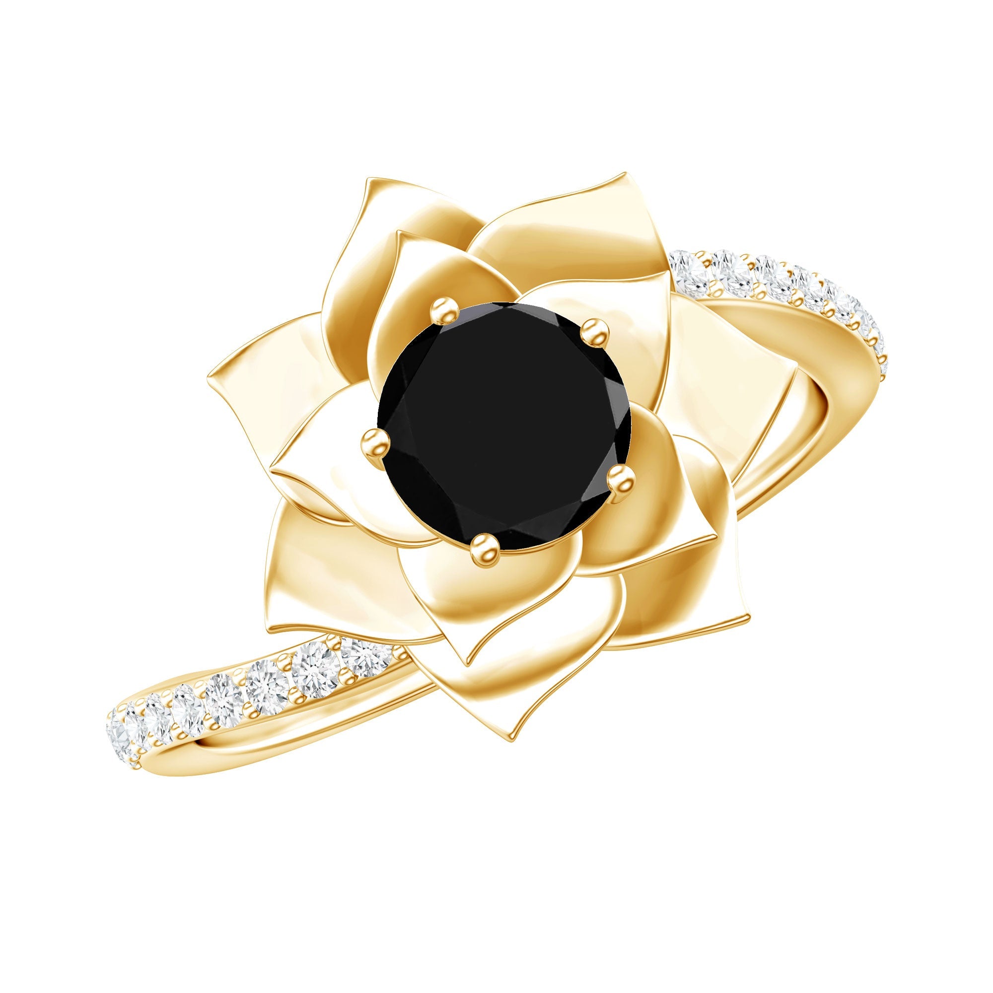 Flower Inspired Black Onyx Rose Engagement Ring with Diamond