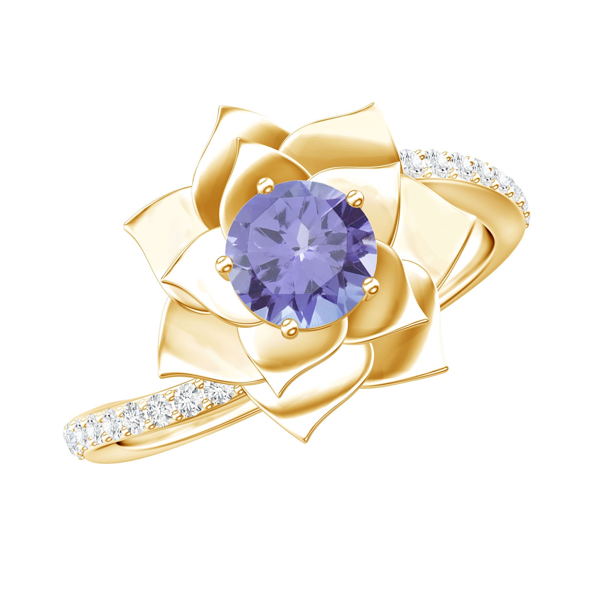 Tanzanite Engagement Ring – Rose Flower Ring with Diamond Bypass Shank Band