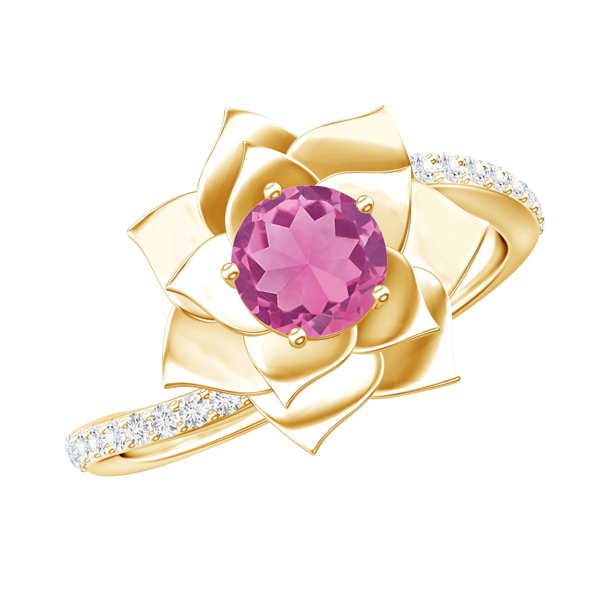 Pink Tourmaline Engagement Ring – Elegant Floral Gold Bypass Shank with Diamonds