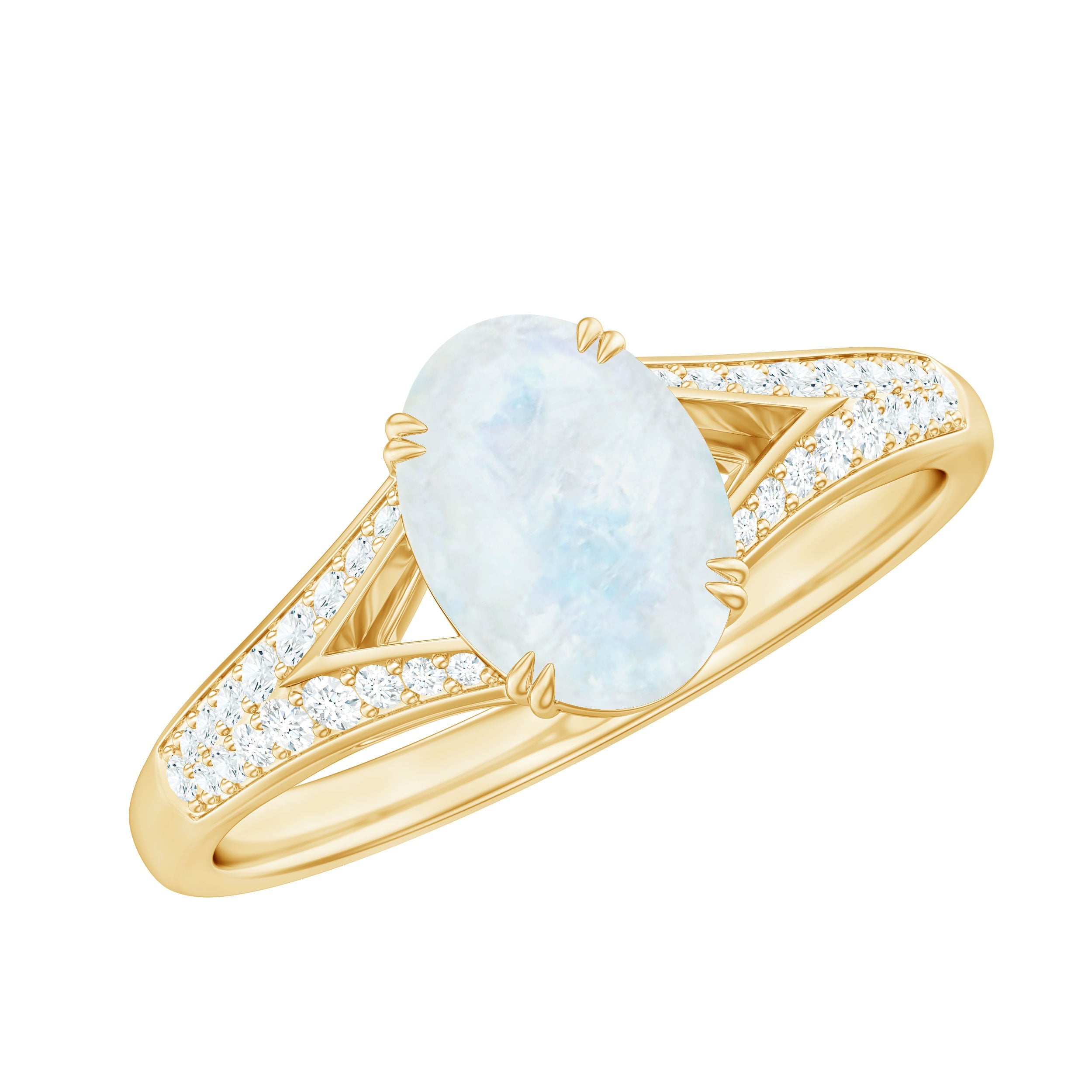 Moonstone Engagement Ring - Oval Cut Solitaire Diamond Accent Gold Band