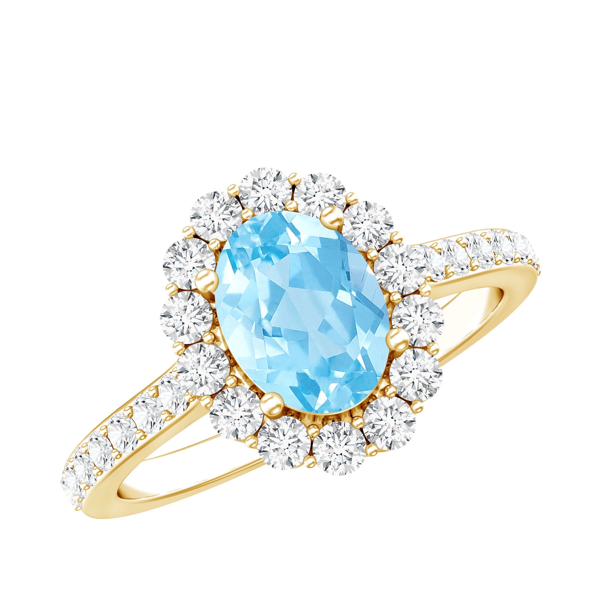 Aquamarine Halo Ring – Oval Engagement Ring with AAA Quality Aquamarine & Moissanite Halo
