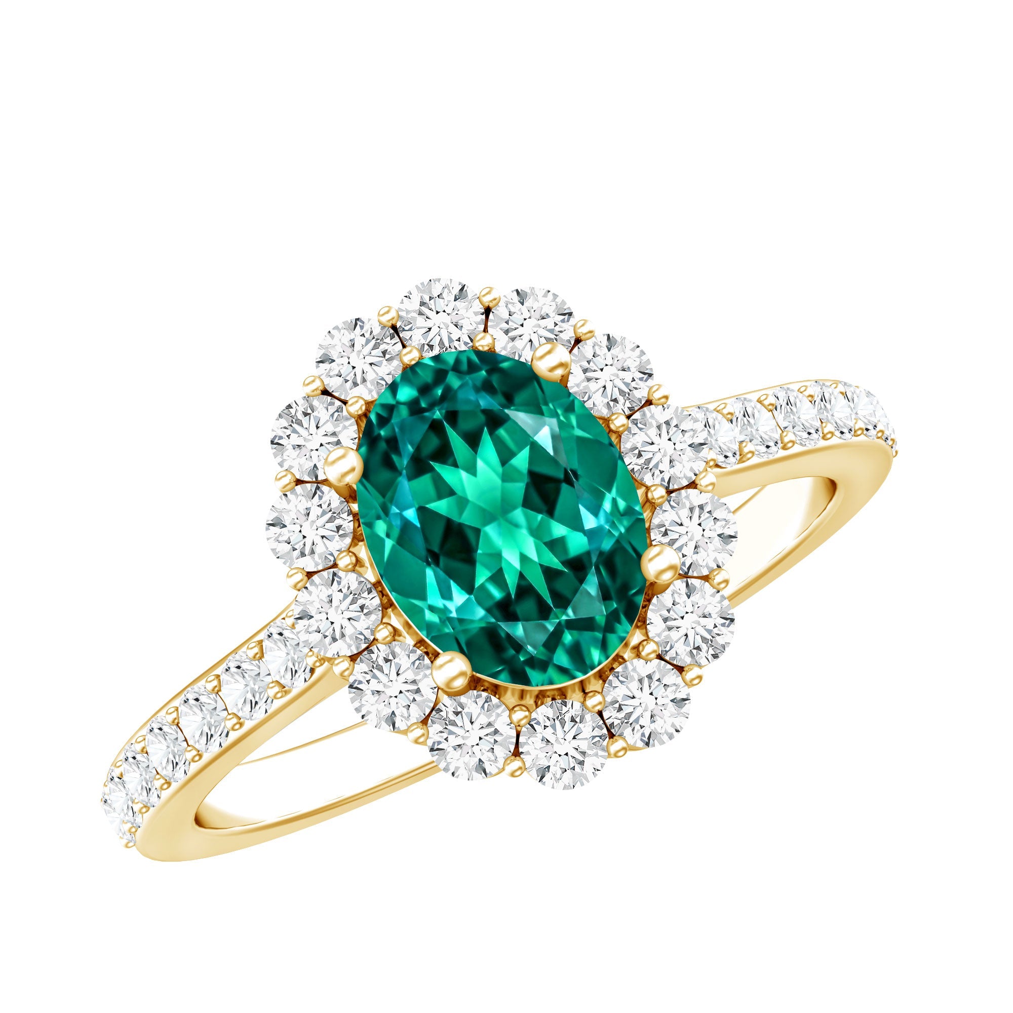 Lab Grown Emerald Ring – 1.2 Carat Oval Halo Engagement Ring with Moissanite
