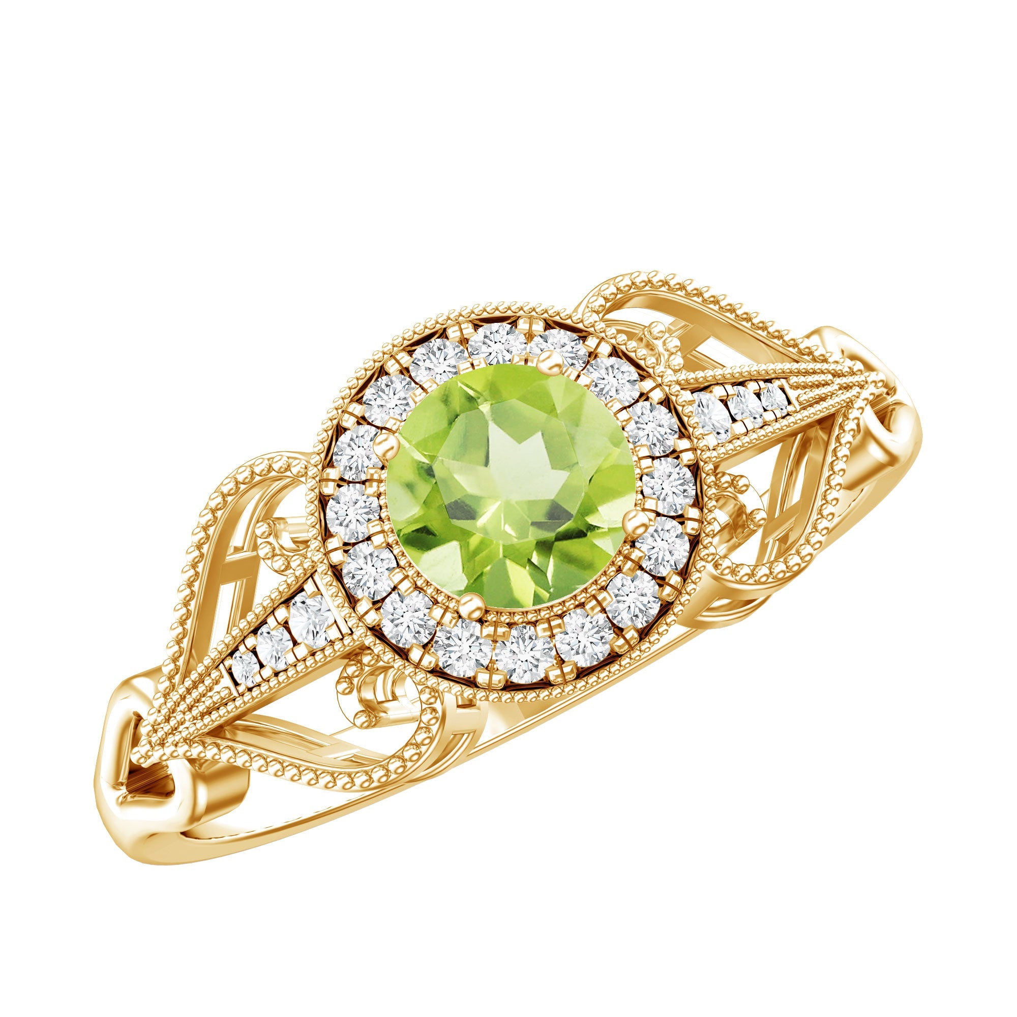 Peridot Engagement Ring – 0.5 Carat Round Cut Peridot with Diamond Halo