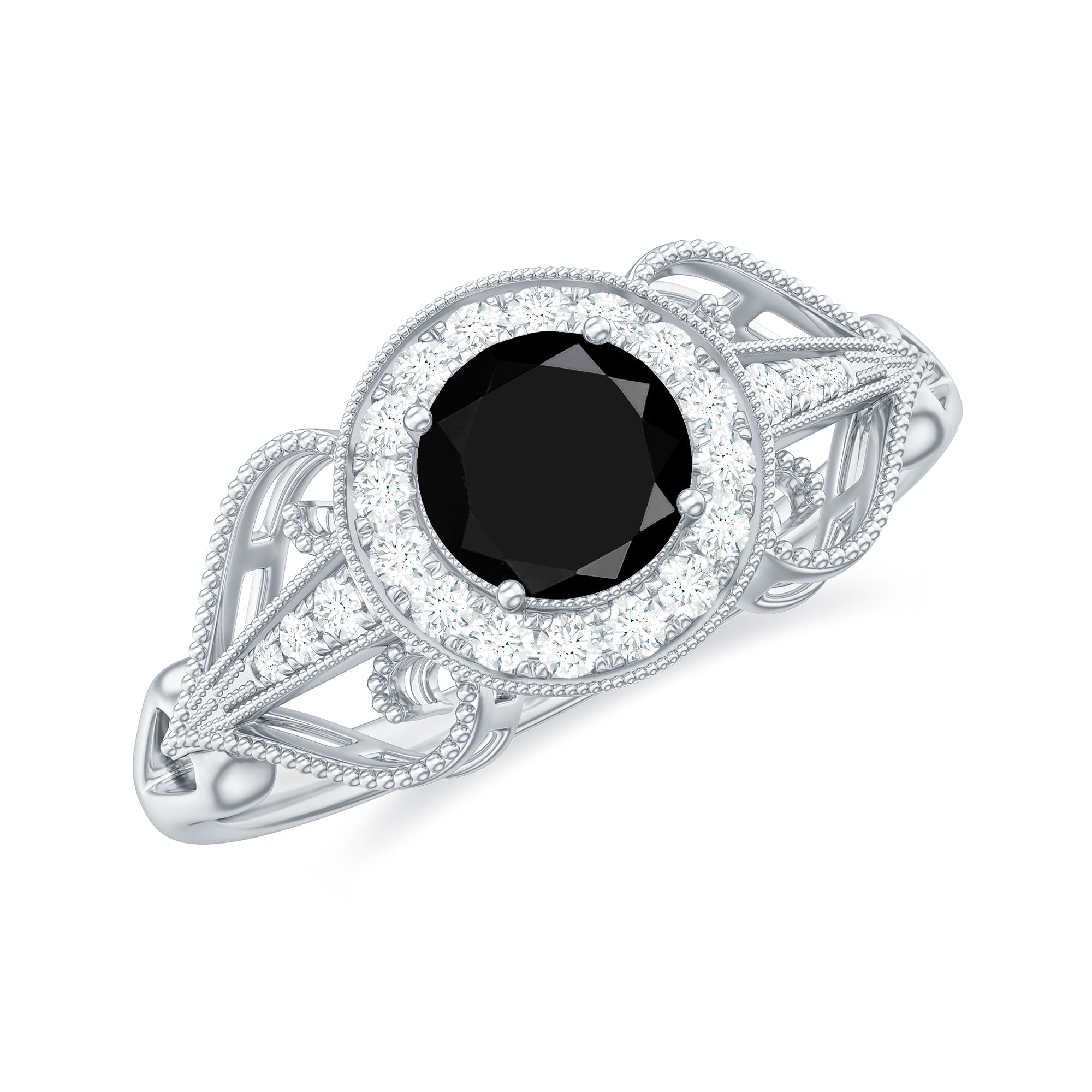 0.4 Carat Round Black Onyx Vintage Engagement Ring with Diamond Halo